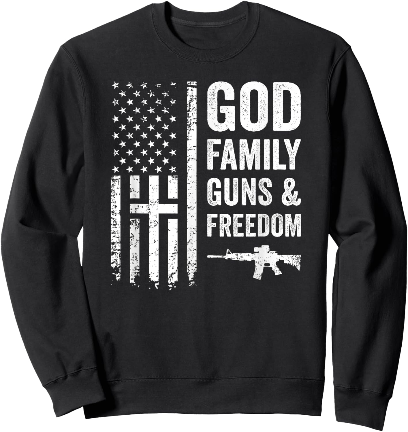 GOD FAMILY GUNS & FREEDOM - Pro God Pro Gun USA Cross Flag Sweatshirt - Sweatshirt | Black