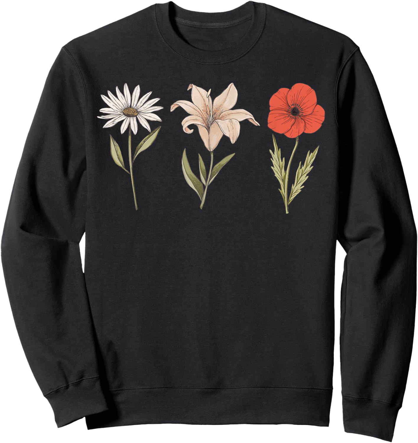 Vintage Flower Drawing Lily Poppy Daisy Sweatshirt - Sweatshirt | Black