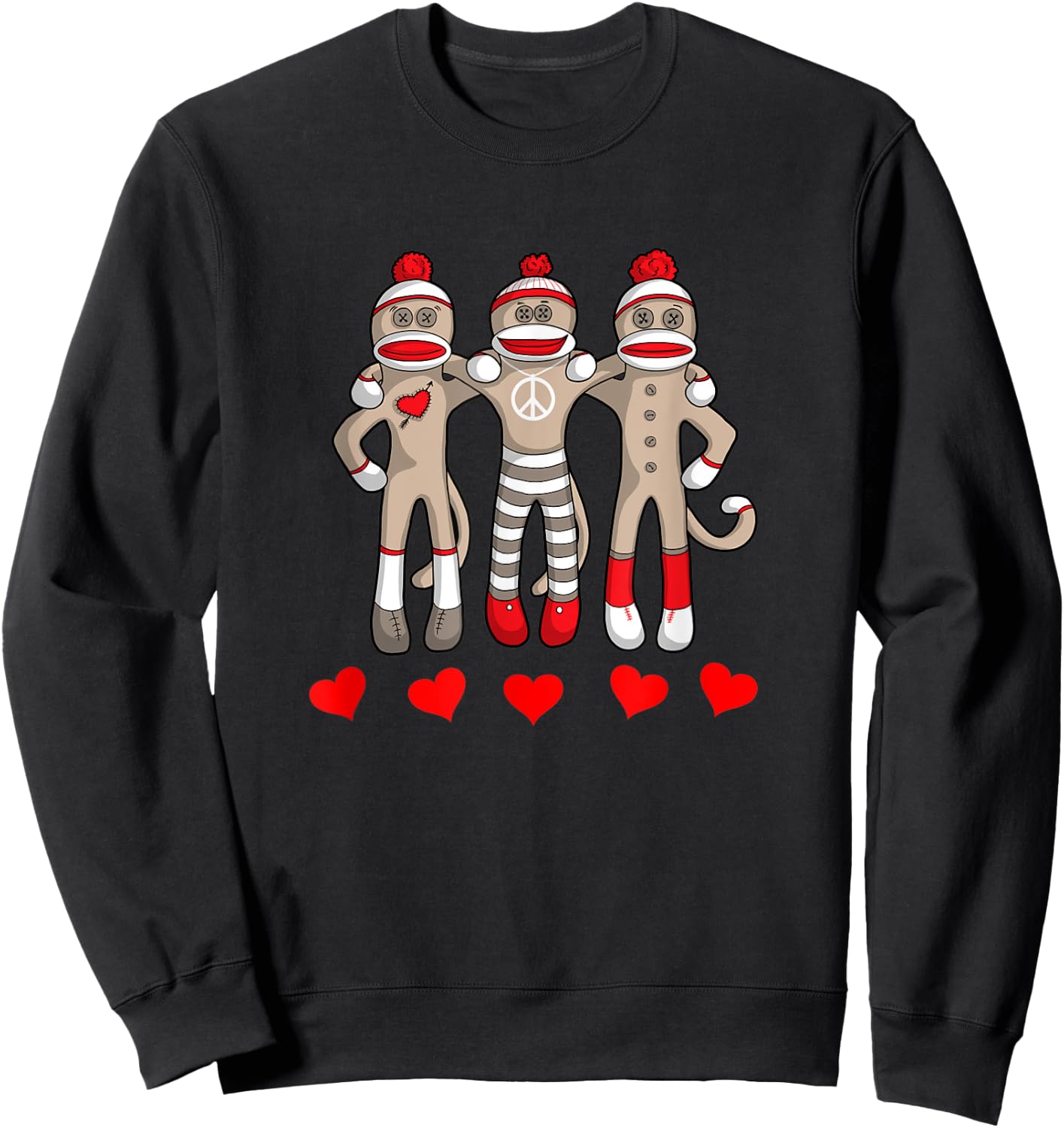 Sock Monkey Happy Valentine's Day Heart Peace Love Friends Sweatshirt - Sweatshirt | Black