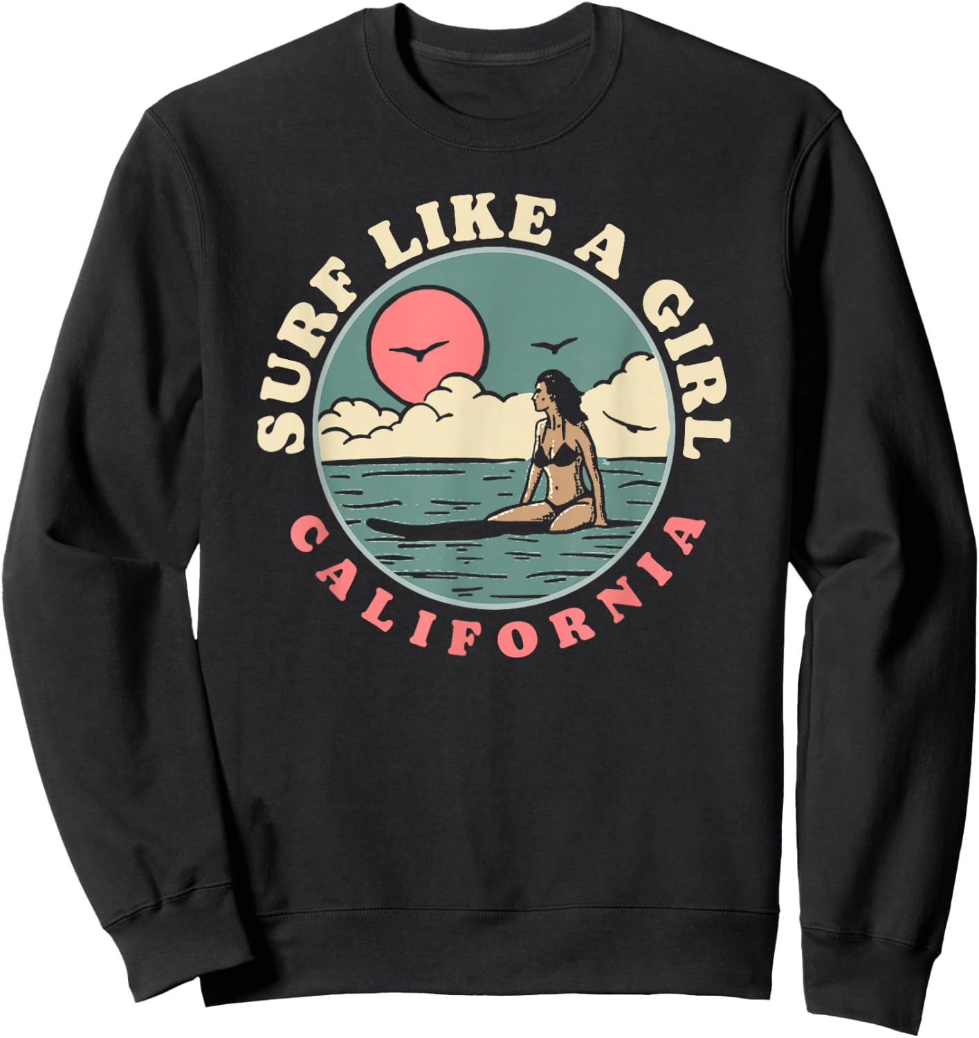 Surf Like A Girl Vintage 80s Beach & Surfing Retro Graphic Sweatshirt - Sweatshirt | Black