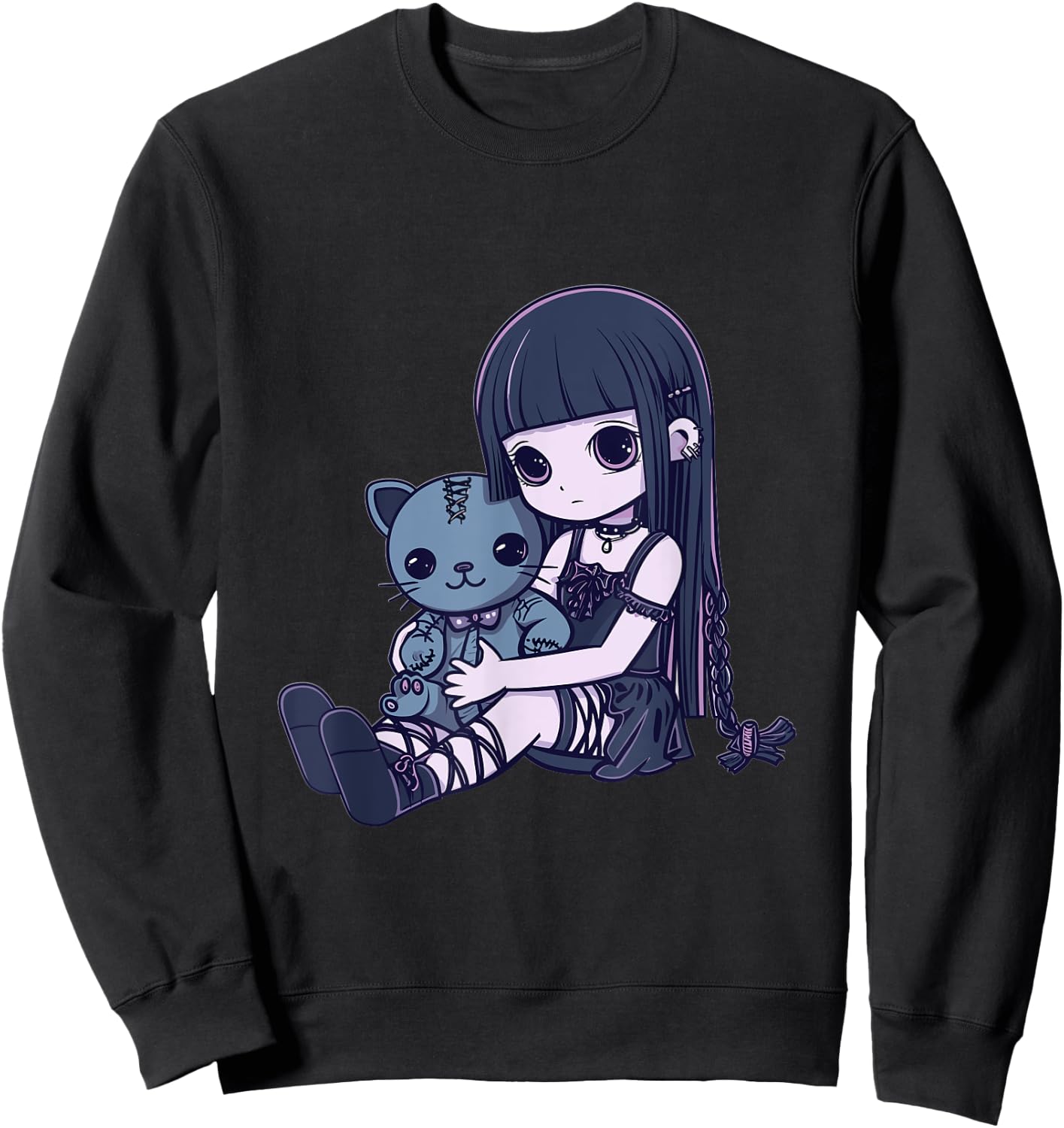 Goth Pastel Kawaii Anime Girl with Voodoo doll Teddy Cat Sweatshirt - Sweatshirt | Black