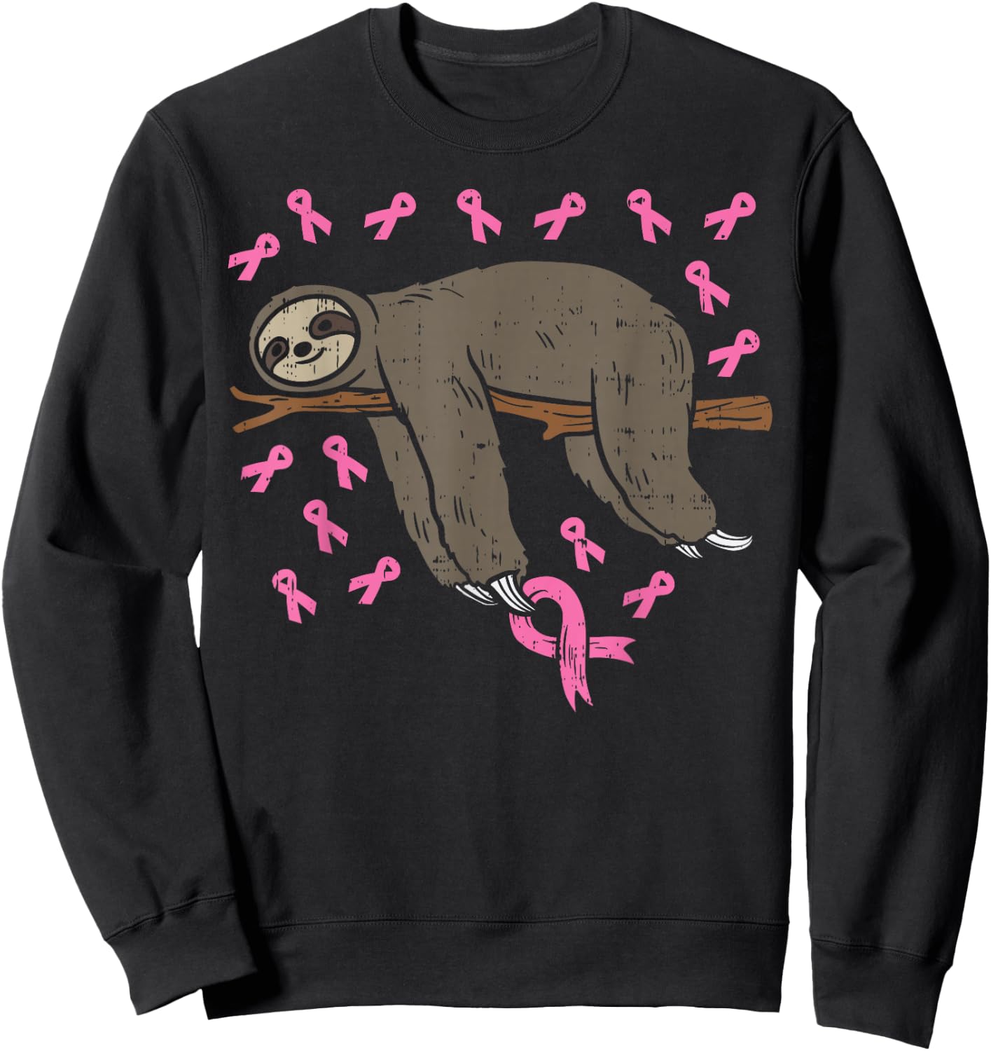 Lazy Sloth Pink Ribbon Breast Cancer Awareness Support Gift Sweatshirt - Sweatshirt | Black