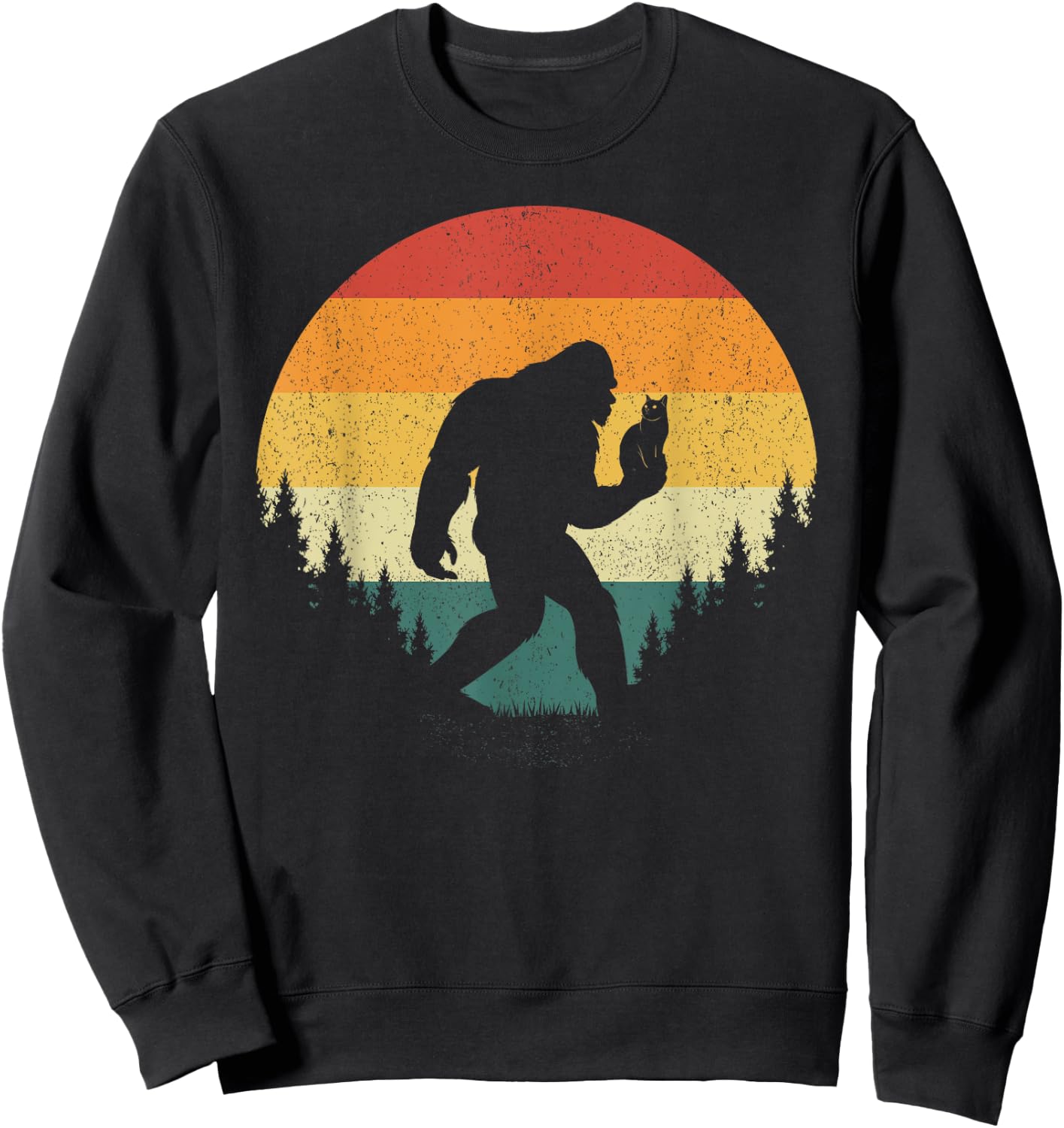 Bigfoot Holding Cat Funny Sasquatch Retro Vintage Sunset 80s Men Women Kids Sweatshirt - Sweatshirt | Black