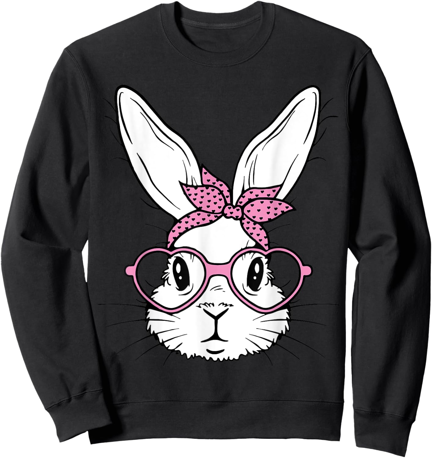 Cute Bunny Rabbit Face With Bandana Heart Glasses Easter Day Sweatshirt - Sweatshirt | Black