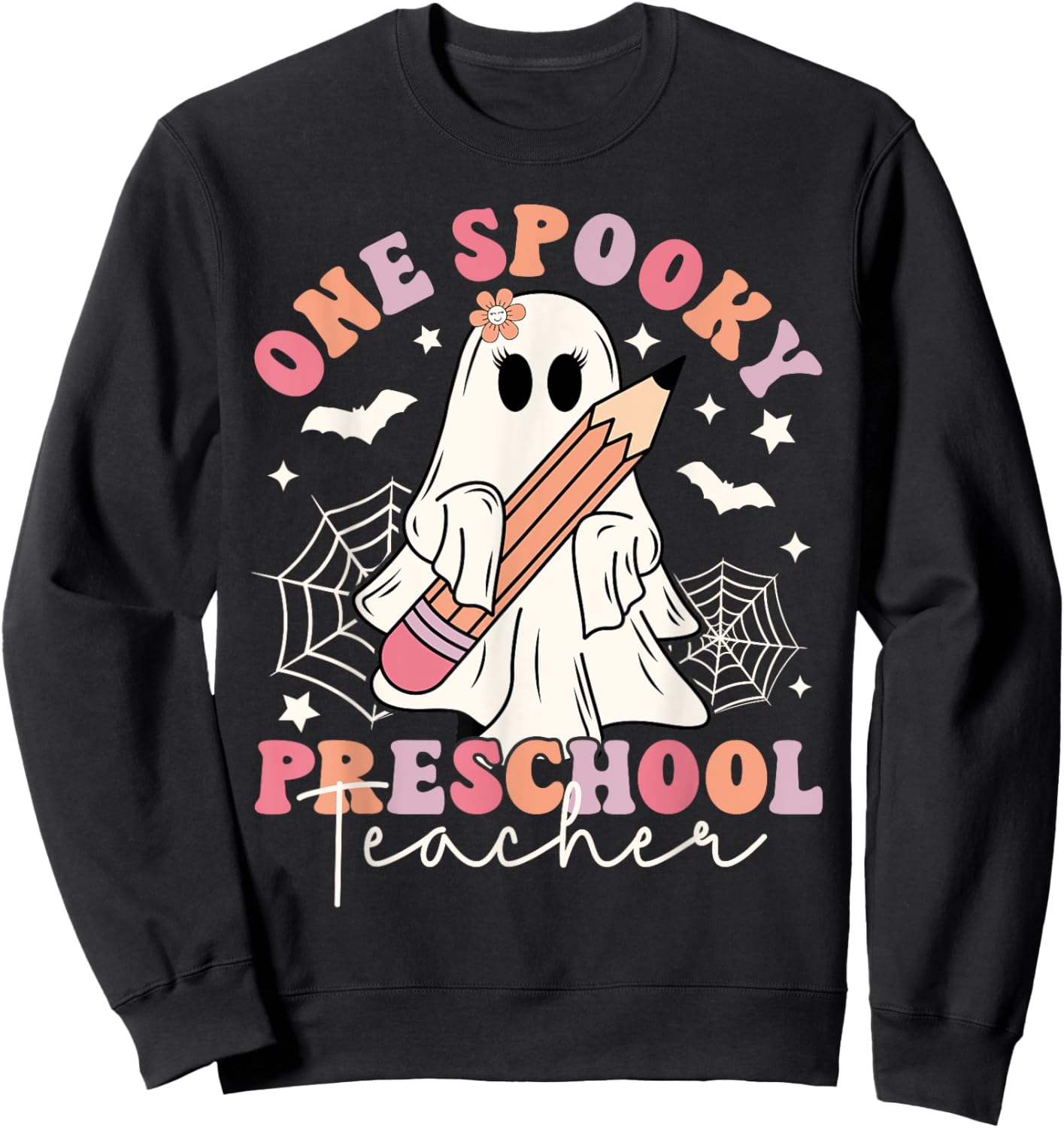 One Spooky Preschool Teacher Ghost Retro Halloween 2024 Sweatshirt - Sweatshirt | Black