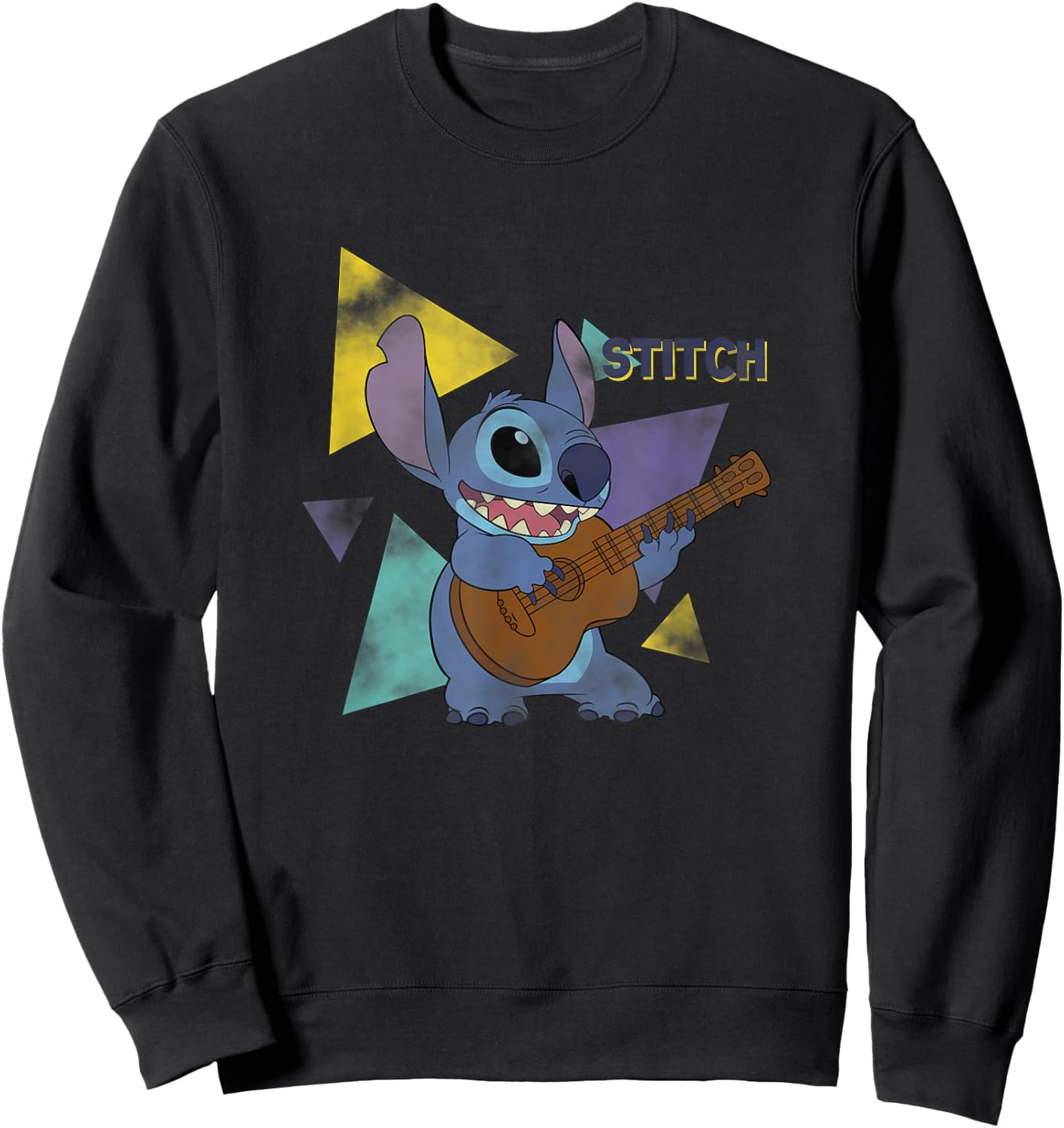 Disney Lilo & Stitch Playing The Guitar Distressed Shot Sweatshirt - Sweatshirt | Black