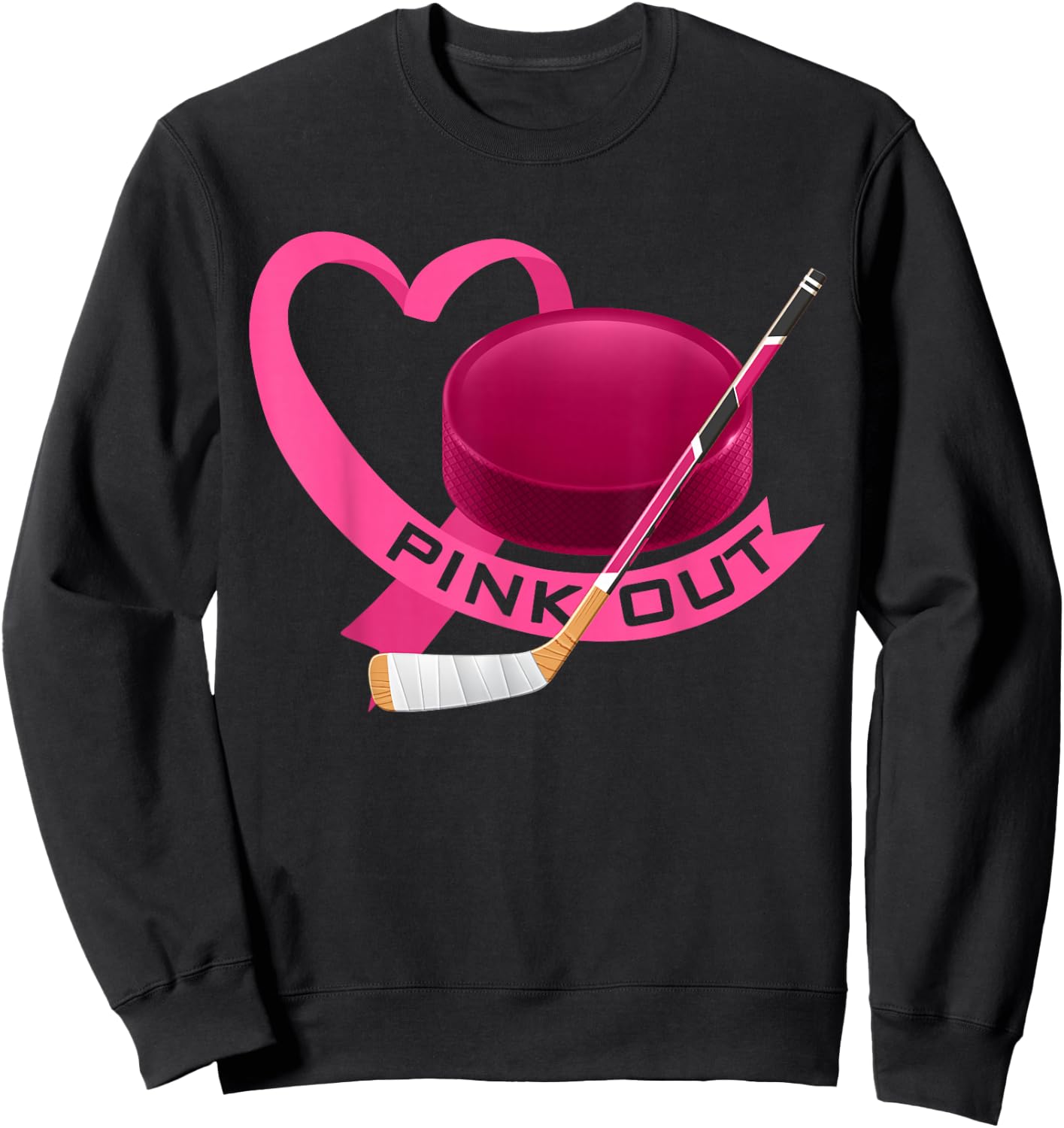 Pink Out Breast Cancer Pink Ribbon Heart & Ice Hockey Puck Sweatshirt - Sweatshirt | Black