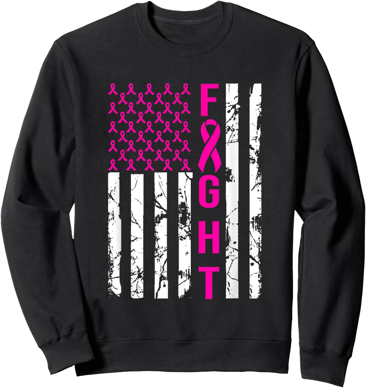 Breast Cancer Awareness FIGHT American Flag Pink Ribbon Women Men Sweatshirt - Sweatshirt | Black