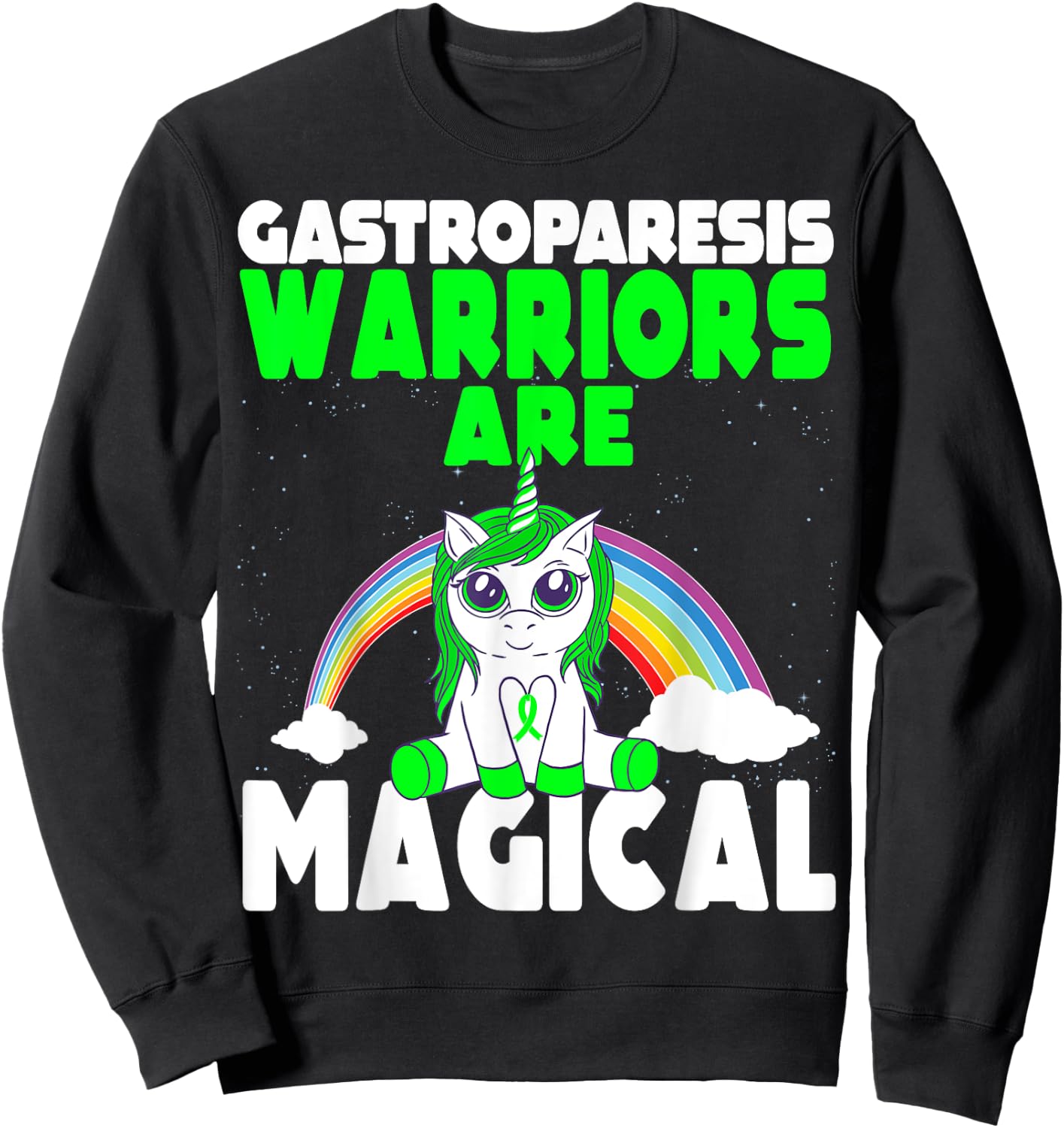 Gastroparesis Awareness Cute Magical Unicorn Green Ribbon Sweatshirt - Sweatshirt | Black