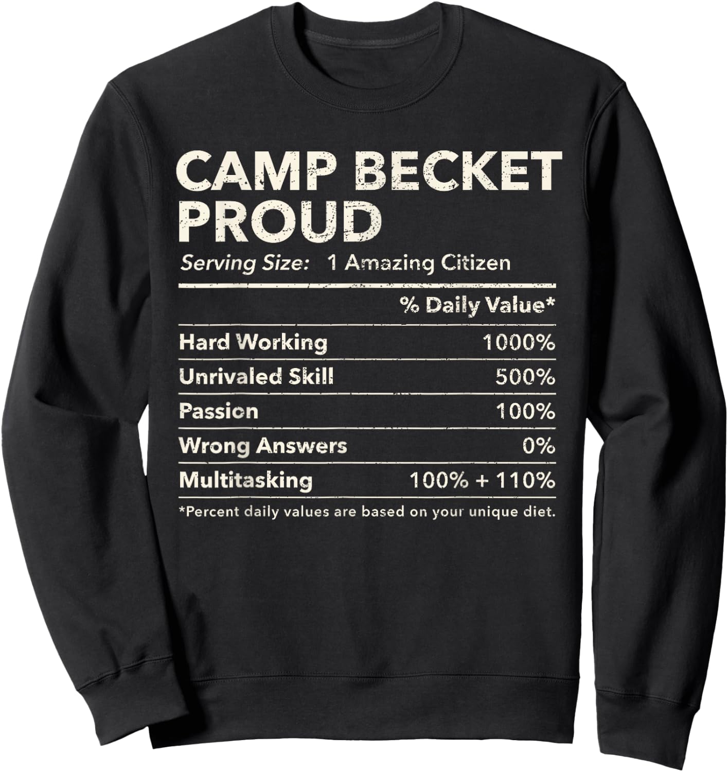 Camp Becket, Massachusetts Proud Nutrition Facts Sweatshirt - Sweatshirt | Black