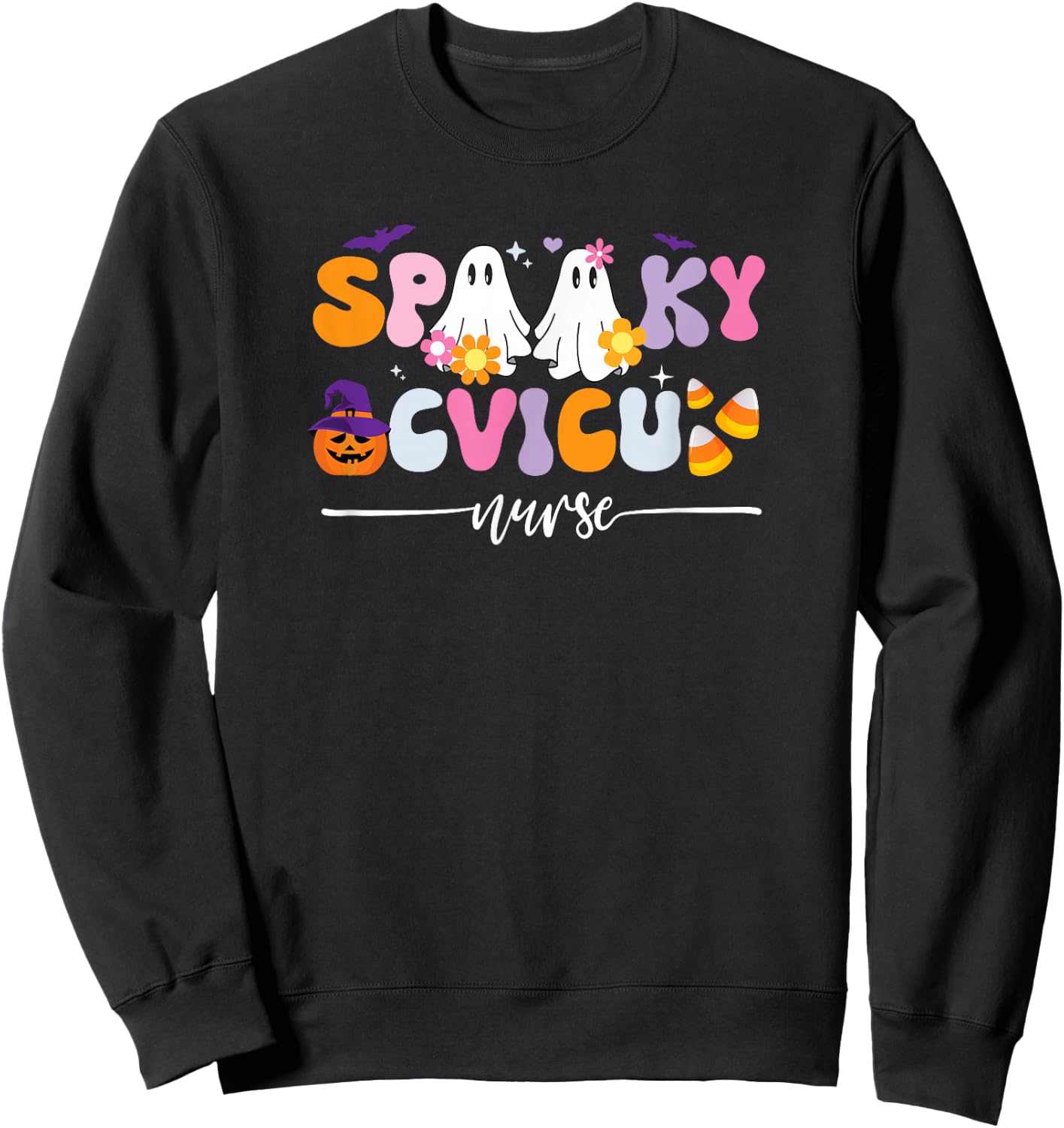 Groovy Spooky CVICU Nurse Halloween Ghost Witch Floral Sweatshirt - Sweatshirt | Black