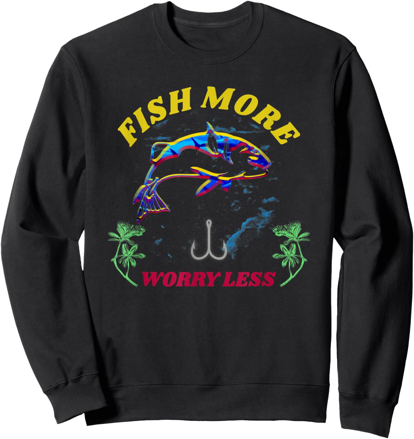 VINTAGE Distressed Fish More Worry Less SHIRT Fisherman GIFT Sweatshirt - Sweatshirt | Black