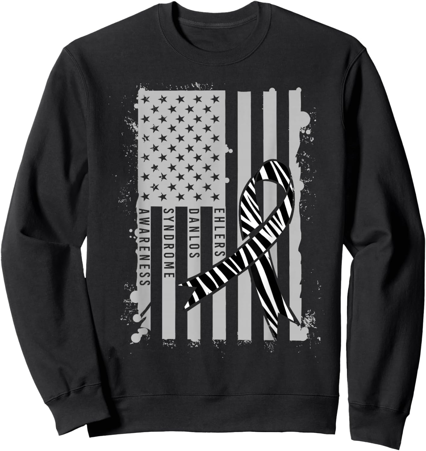 Patriotic Ehlers-Danlos Syndrome EDS Awareness Zebra Ribbon Sweatshirt - Sweatshirt | Black