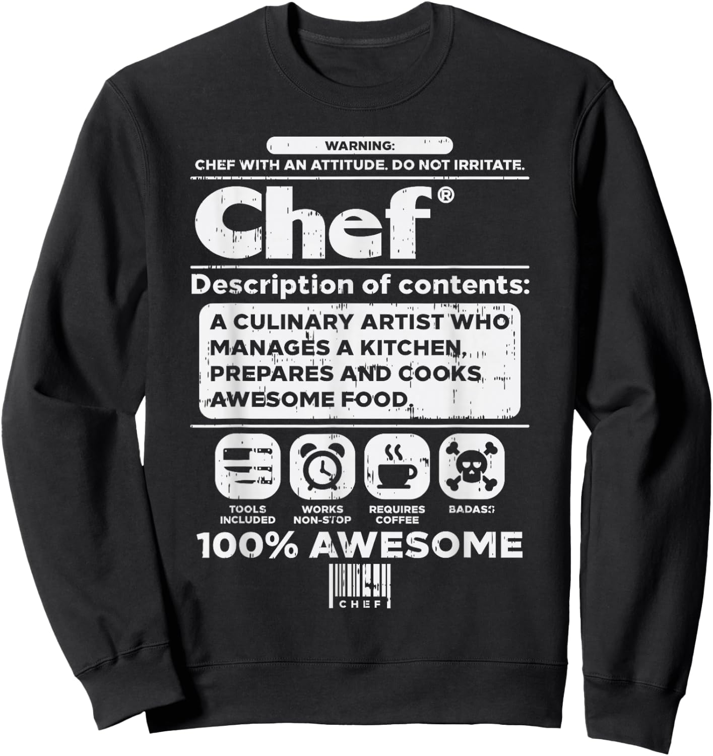 Warning Chef 100% Awesome Culinary Artist Men Women Gift Sweatshirt - Sweatshirt | Black