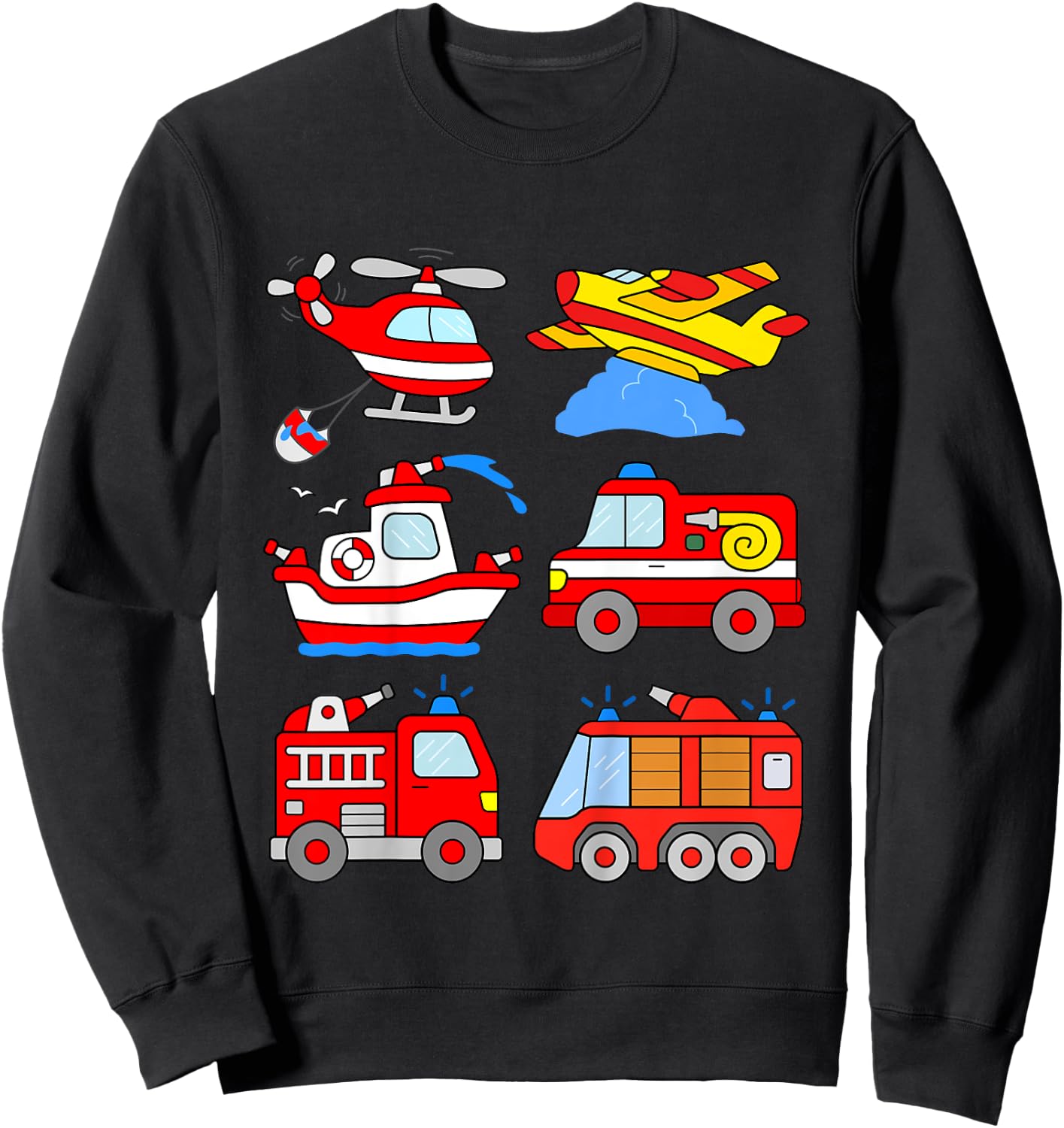 Kids Fire Engines Boys Toddlers Firefighter Boat Plane Helicopter Sweatshirt - Sweatshirt | Black
