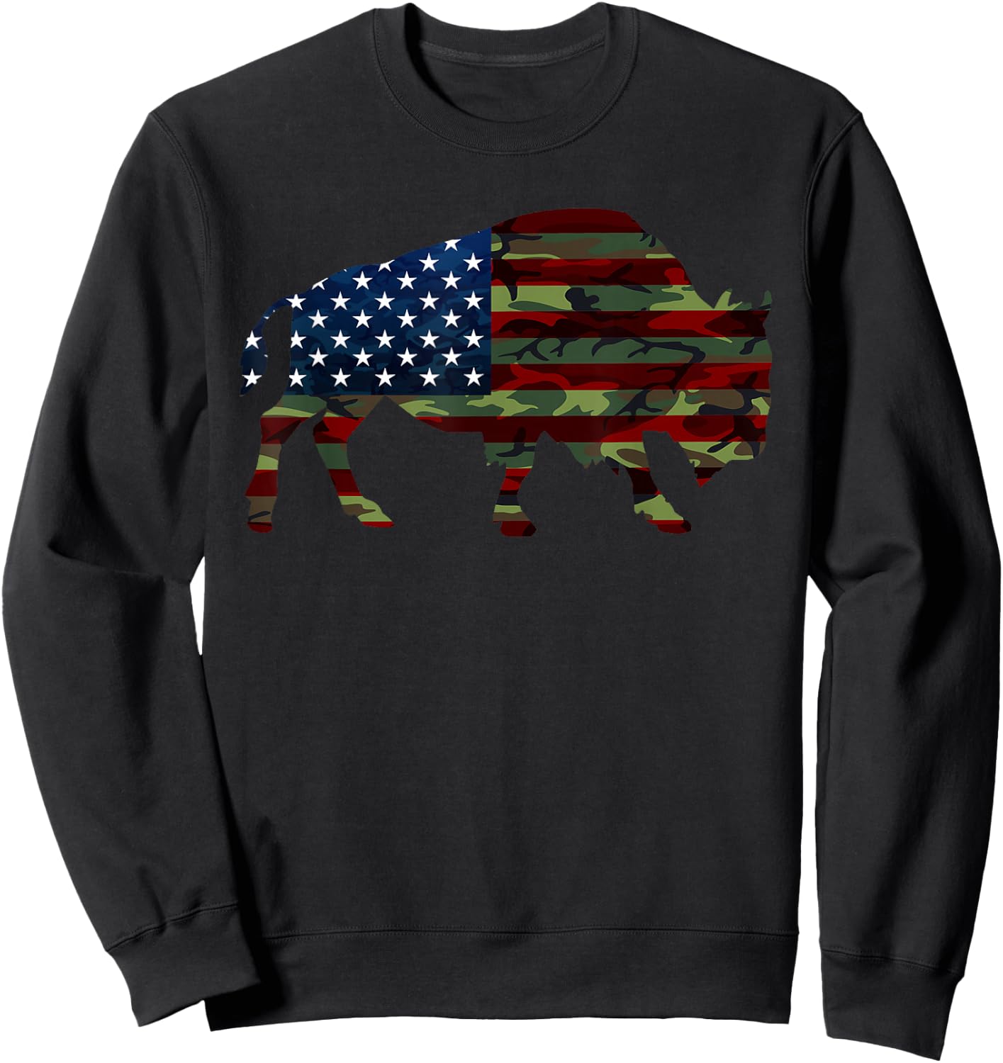 American Bison Cattle Ox USA Flag Camouflage Buffalo Sweatshirt - Sweatshirt | Black