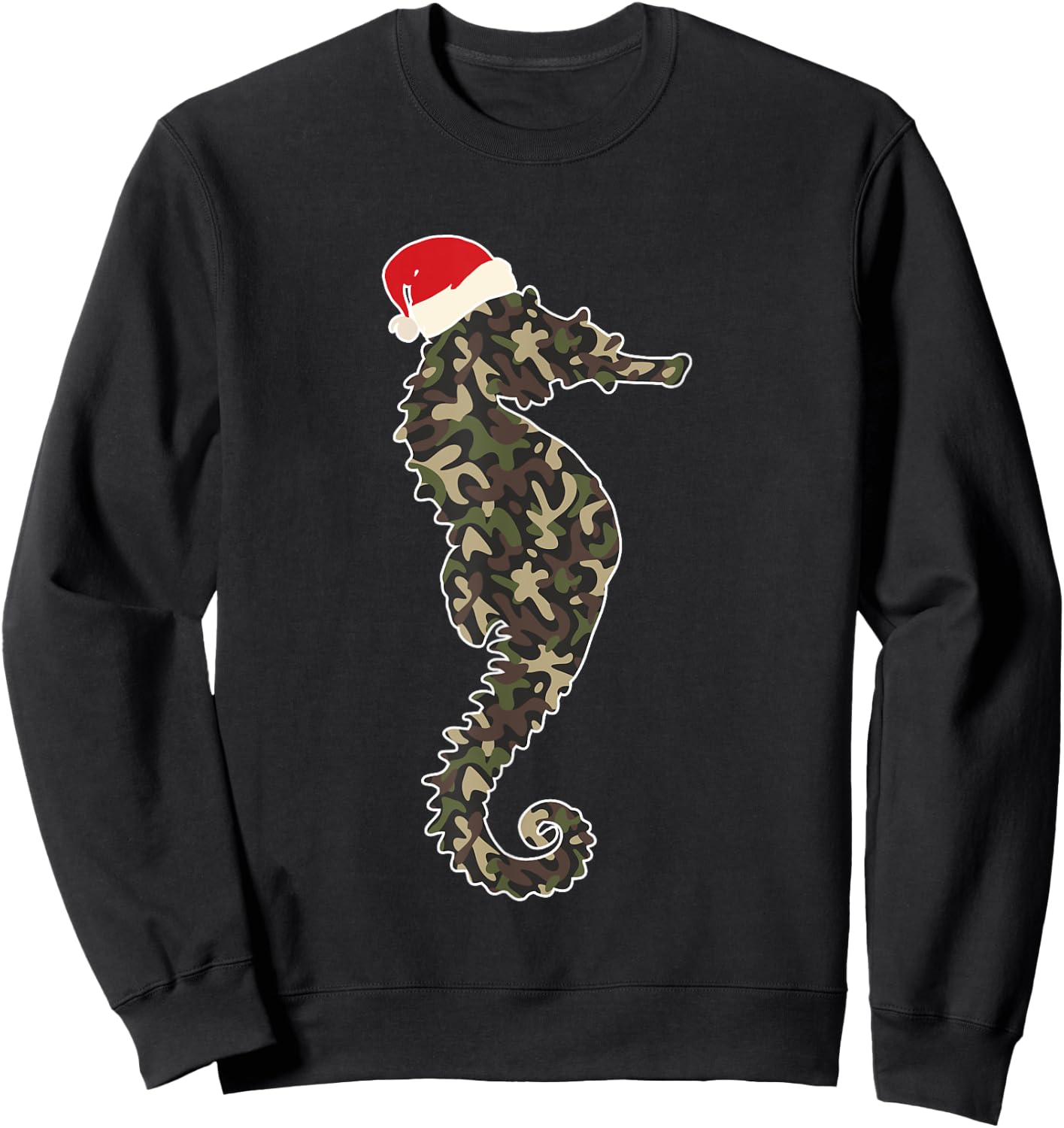 Seahorse Lover Christmas Santa Hat Camouflage Illustration Sweatshirt - Sweatshirt | Black