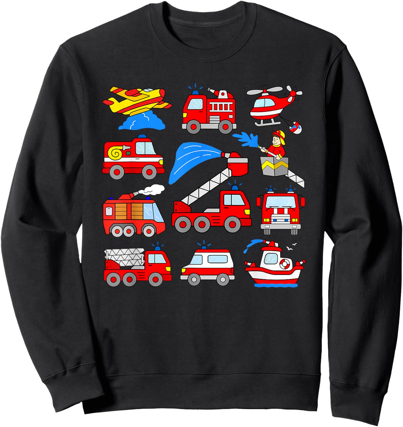 Firetrucks Toddler Rescue Vehicles Fireman Trucks Boat Plane Sweatshirt - Sweatshirt | Black