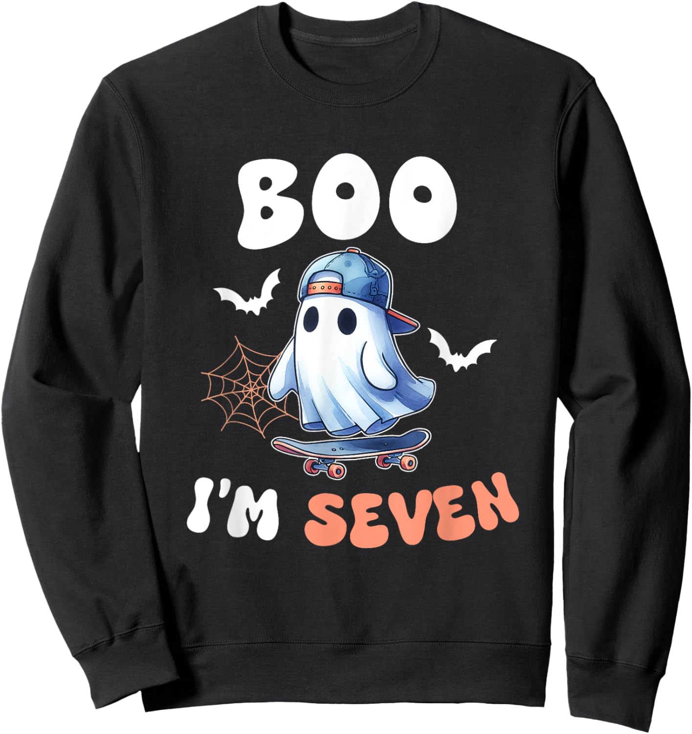 Boo I'm Seven Ghost Skateboard 7th Birthday Halloween Boys Sweatshirt - Sweatshirt | Black