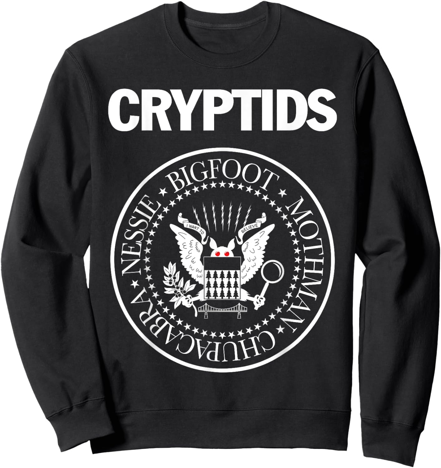 CRYPTIDS – Bigfoot Mothman Nessie Chupacabra Parody Punk Sweatshirt - Sweatshirt | Black