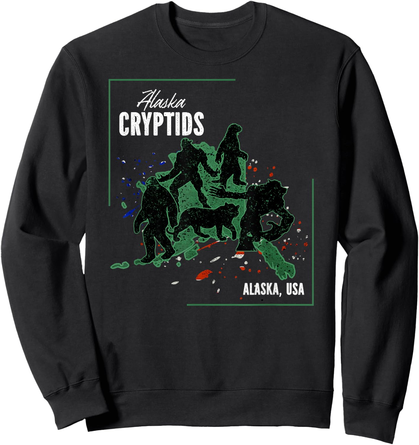 Cryptid Map of Alaska - The Otterman, Bigfoot, Giant, Tiger Sweatshirt - Sweatshirt | Black