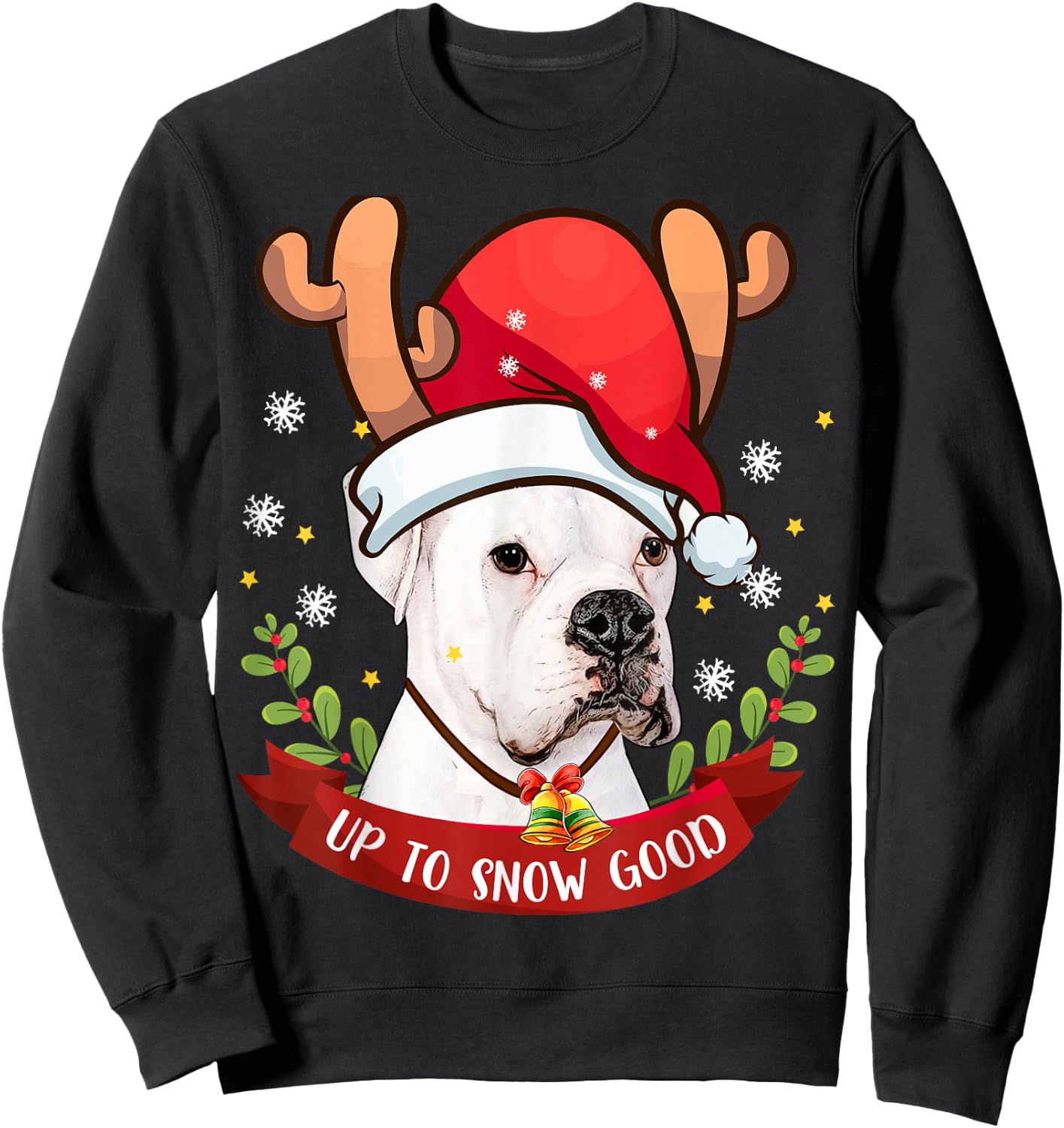 White Boxer Dog Reindeer Christmas Gift Boys Girls Kids Sweatshirt - Sweatshirt | Black