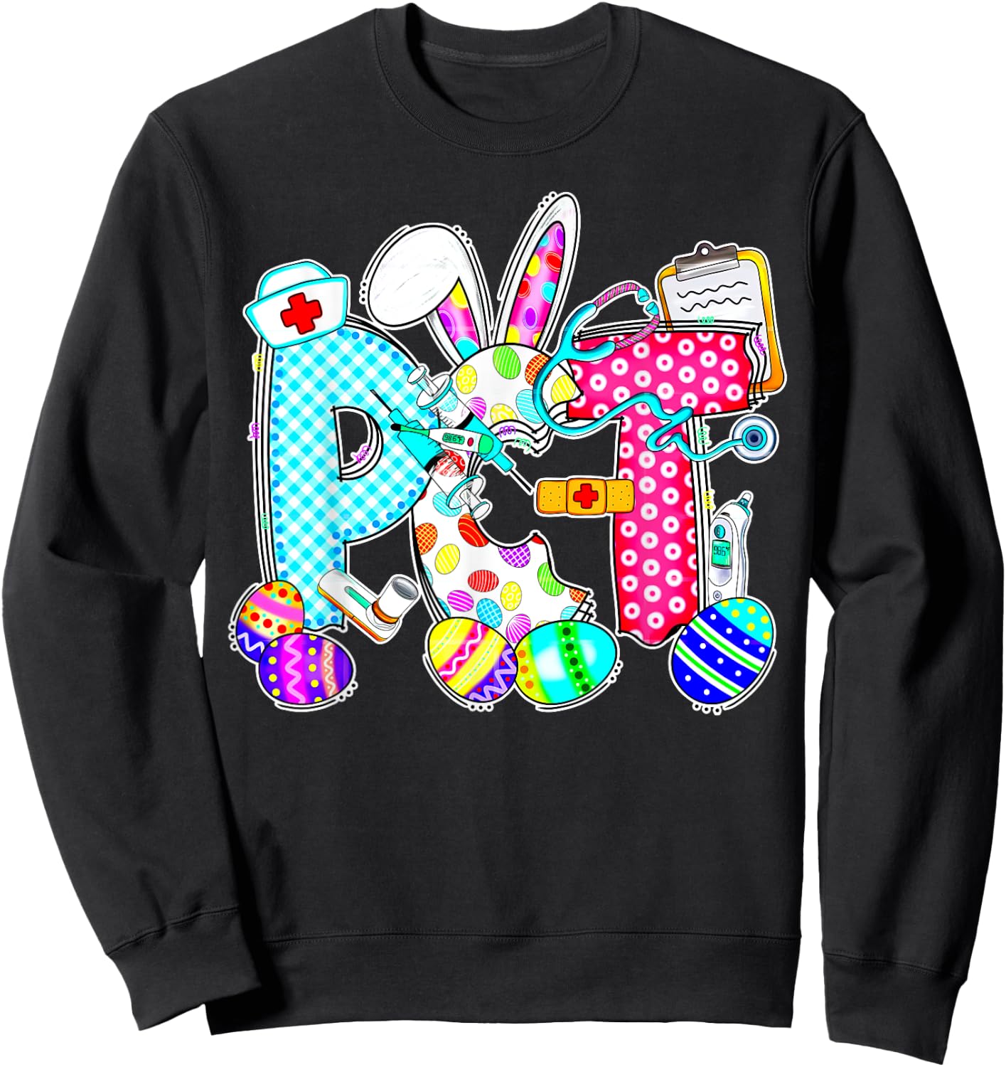 Retro PCT Patient Care Technician Bunny Egg Easter Day Nurse Sweatshirt - Sweatshirt | Black