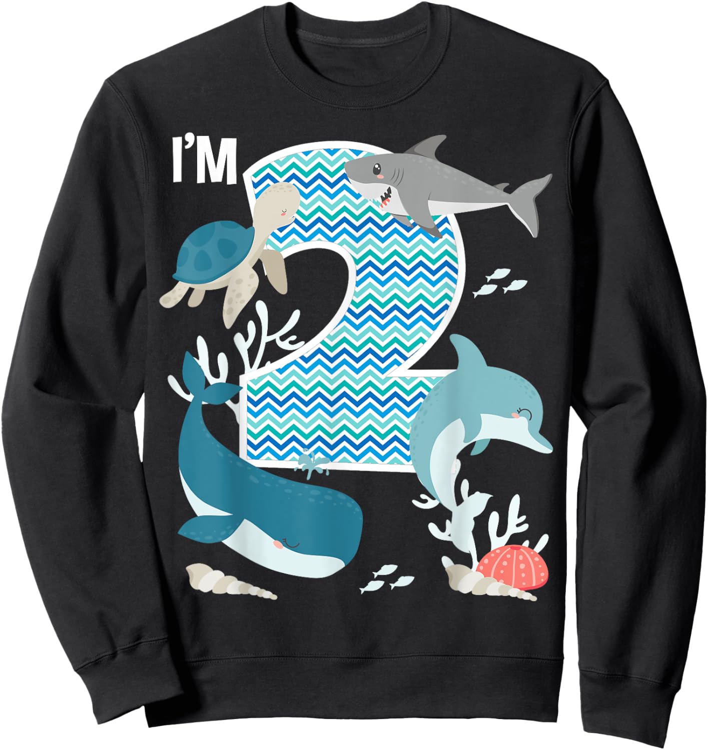 Kids 2 Year Old Ocean Life Whale Dolphin Shark 2nd Birthday Sweatshirt - Sweatshirt | Black