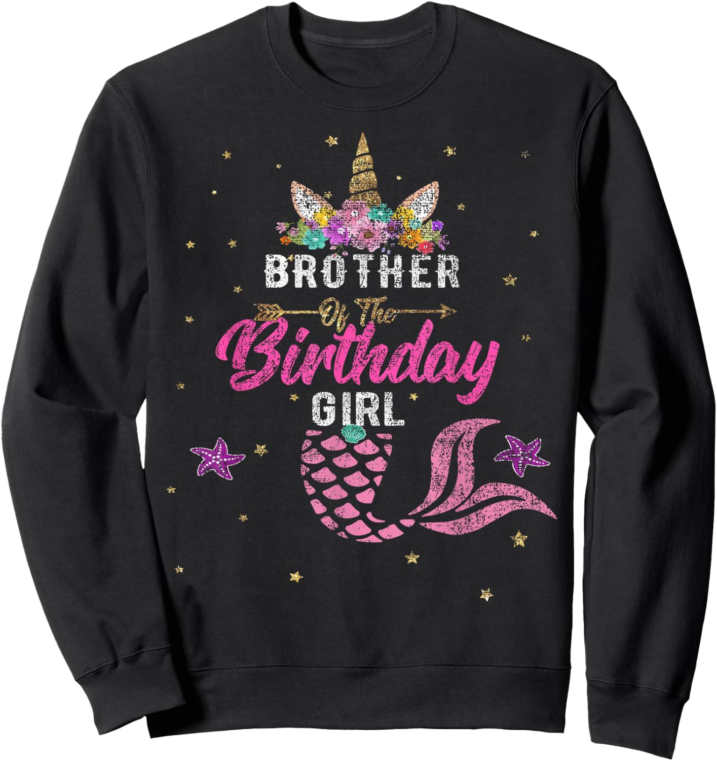 Brother of Birthday Girl Unicorn Shirt Mermaid Gift Sweatshirt - Sweatshirt | Black