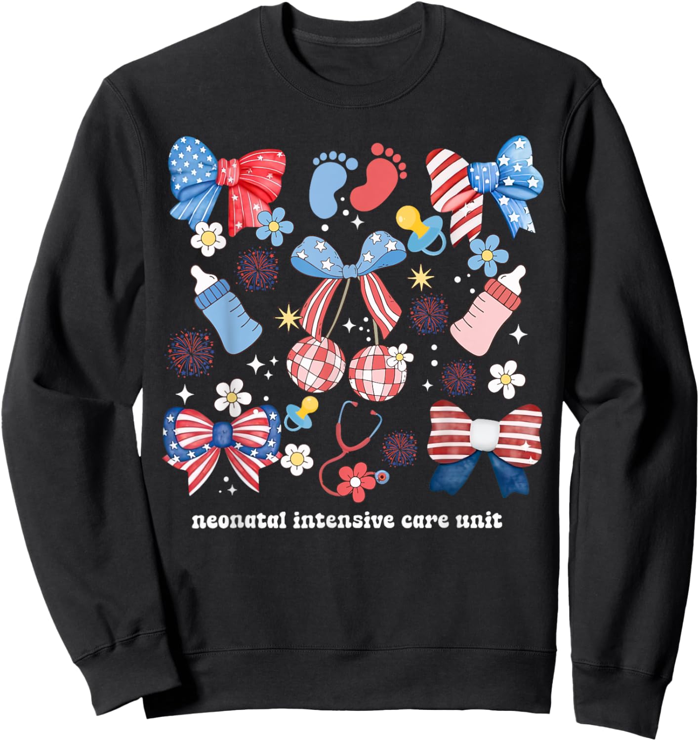 4th of July Neonatal ICU Nurse Coquette Bow NICU Nursing Women Men Sweatshirt - Sweatshirt | Black