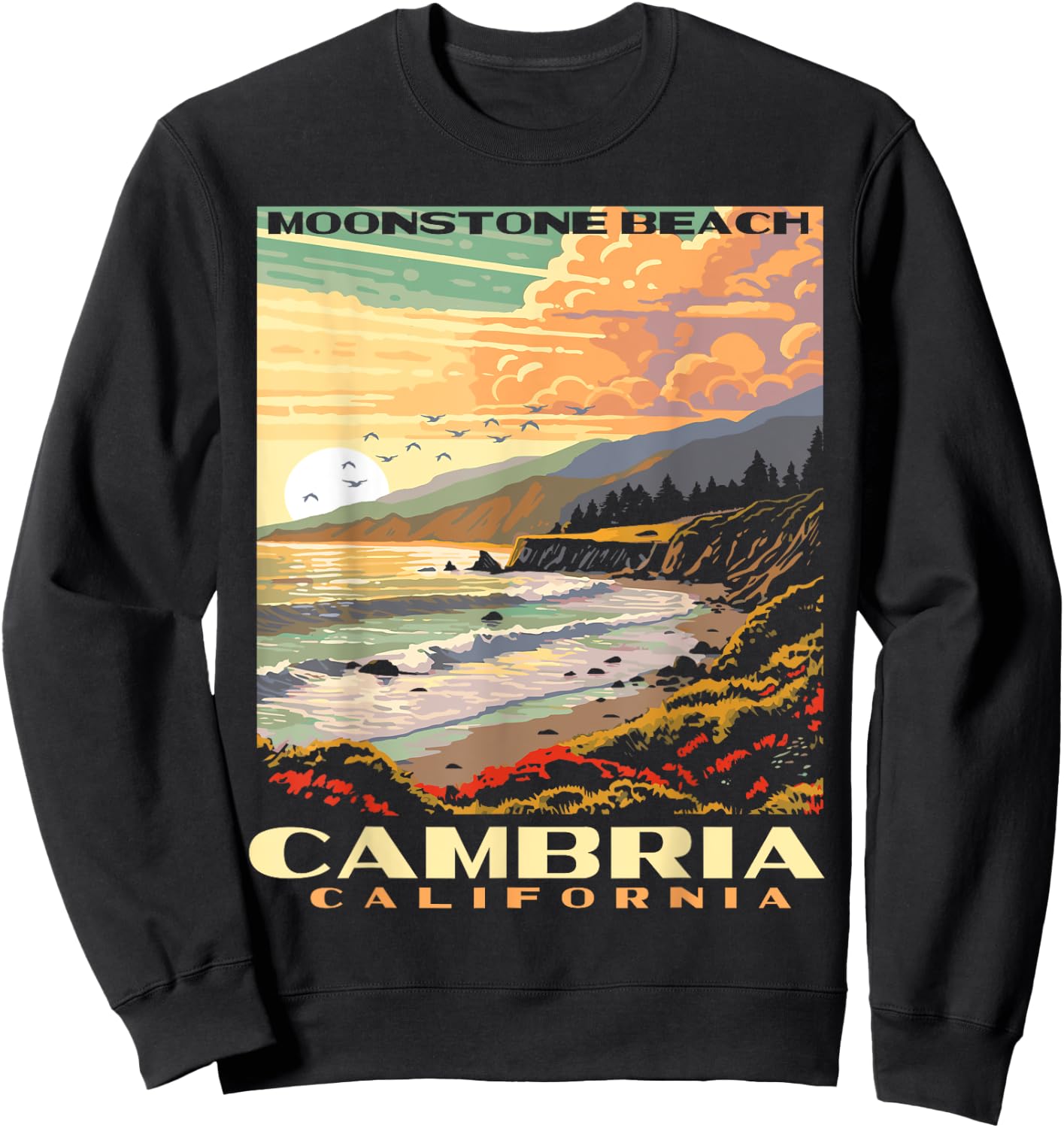 Cambria California Central Coast Moonstone Beach Vintage WPA Women Kids Sweatshirt - Sweatshirt | Black