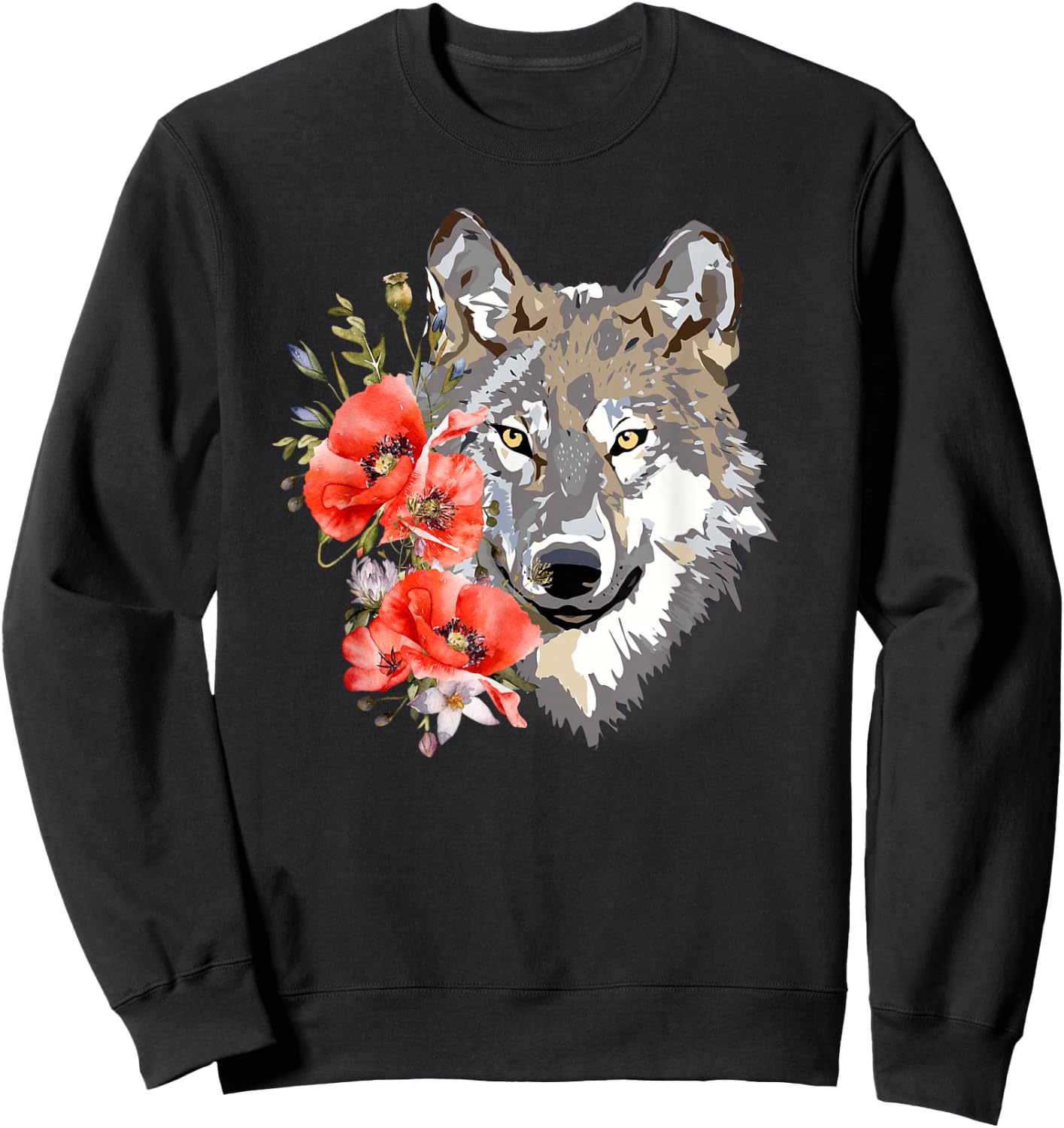 Wolf Cute Floral Graphic Wolves Women Girls Sweatshirt - Sweatshirt | Black