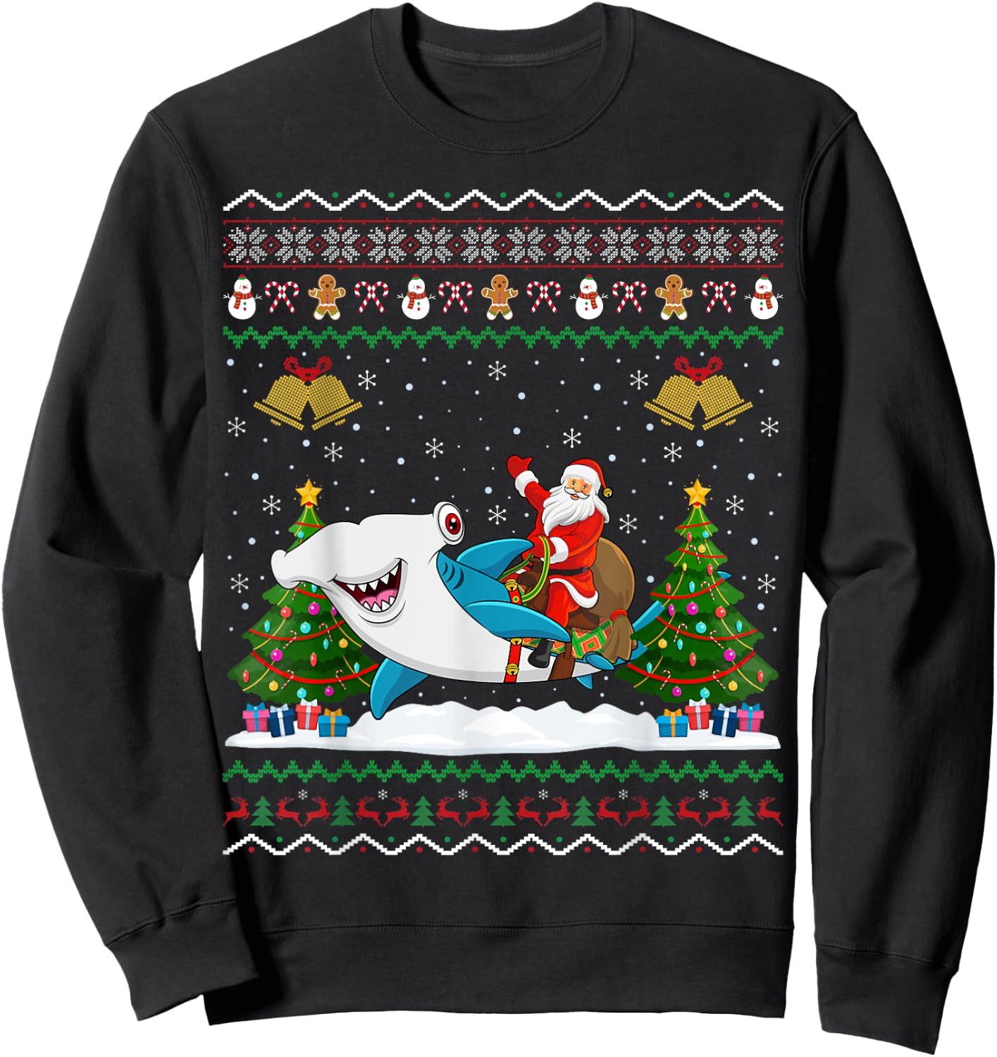 Ugly Hammerhead Shark Xmas Gift Santa Riding Shark Christmas Sweatshirt - Sweatshirt | Black