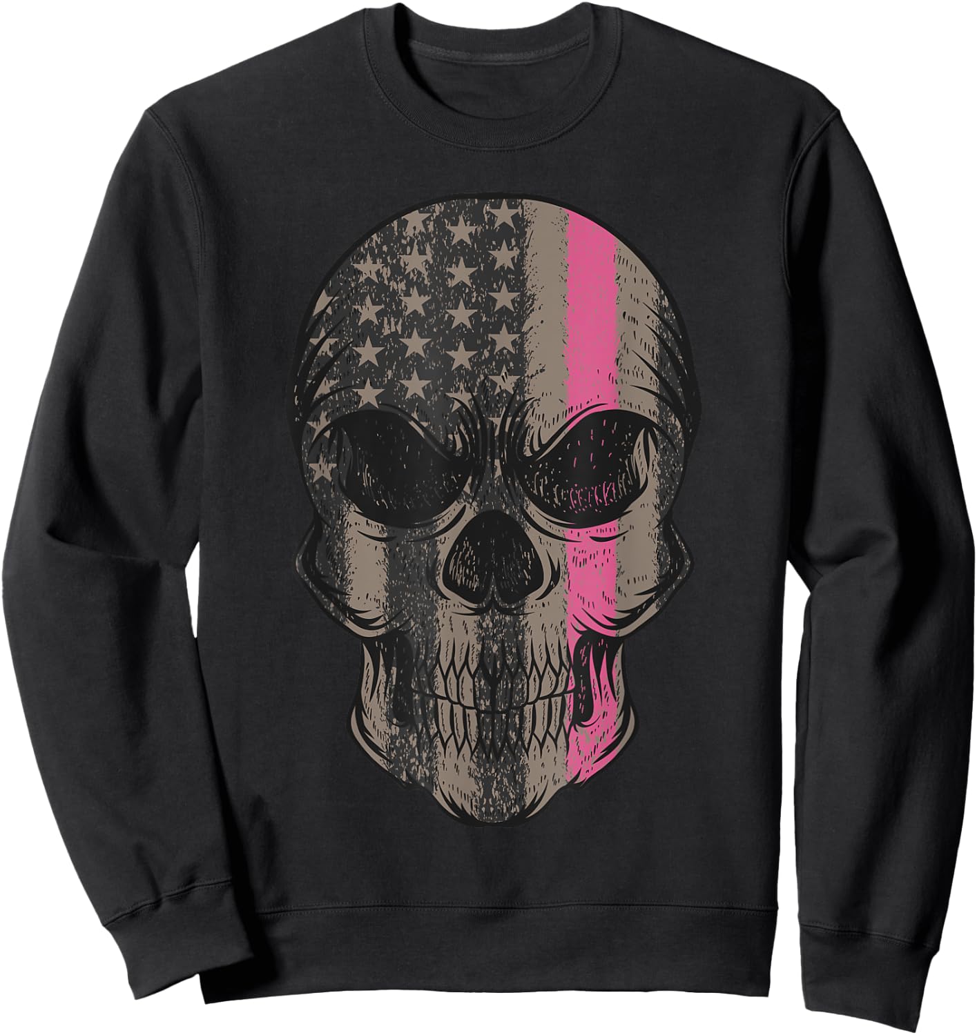 Thin Pink Line Breast Cancer Awareness American Flag Skull Women Men Sweatshirt - Sweatshirt | Black
