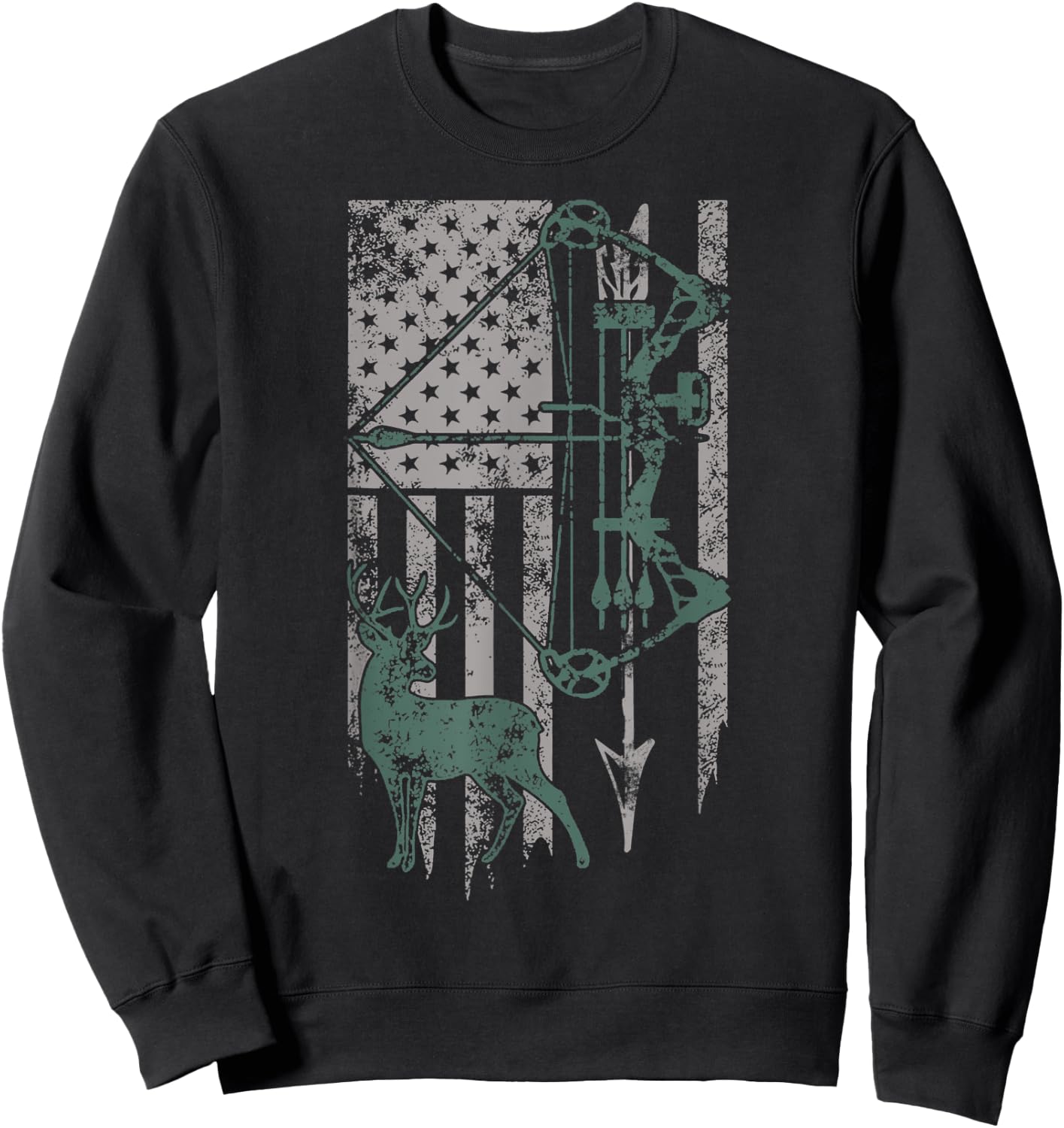 Deer Hunter Bow Vintage Distressed American Flag Patriotic Women Kids Men Sweatshirt - Sweatshirt | Black