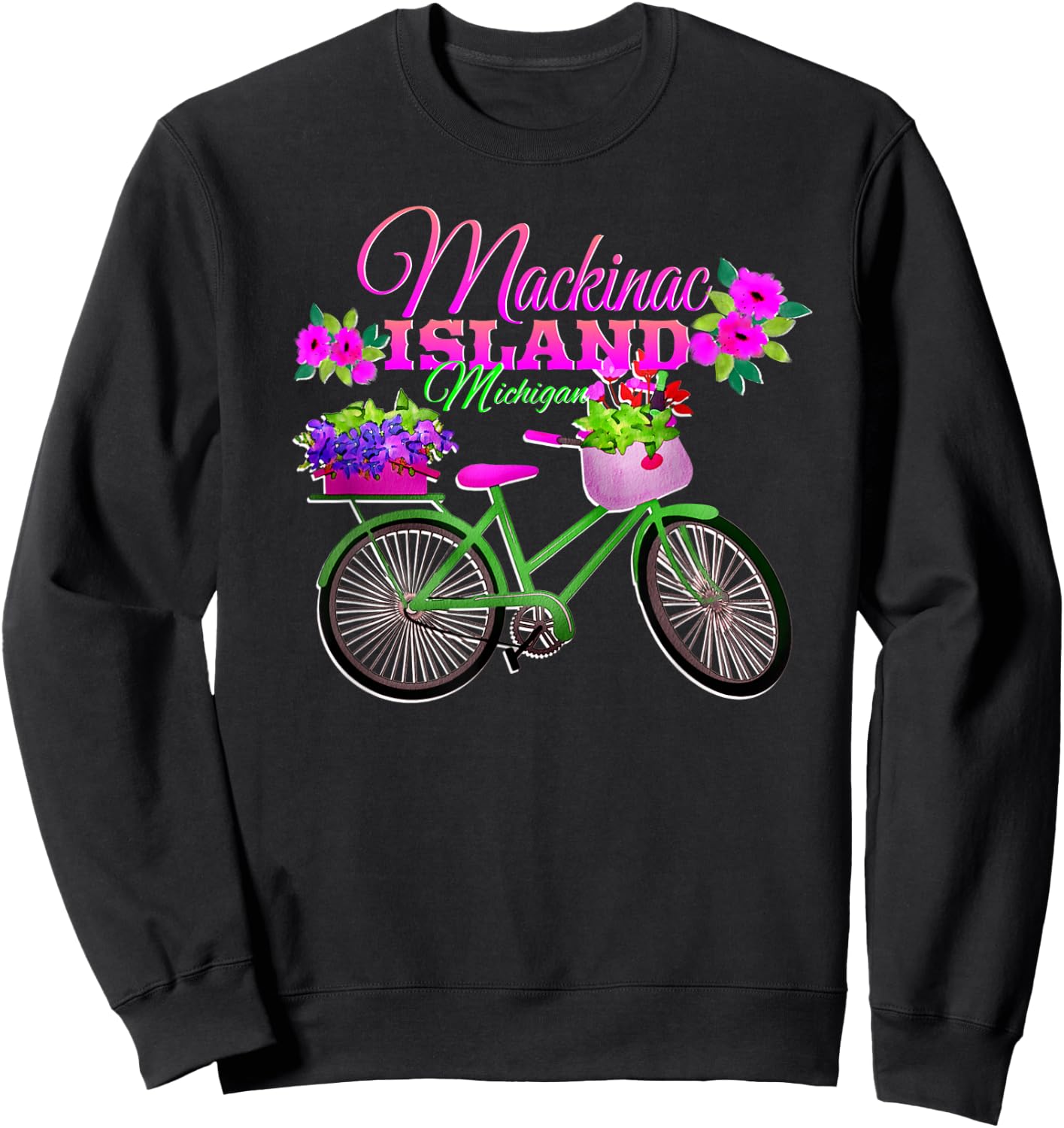 Mackinac Island Michigan Gift Vacation Vintage Bike Flowers Sweatshirt - Sweatshirt | Black