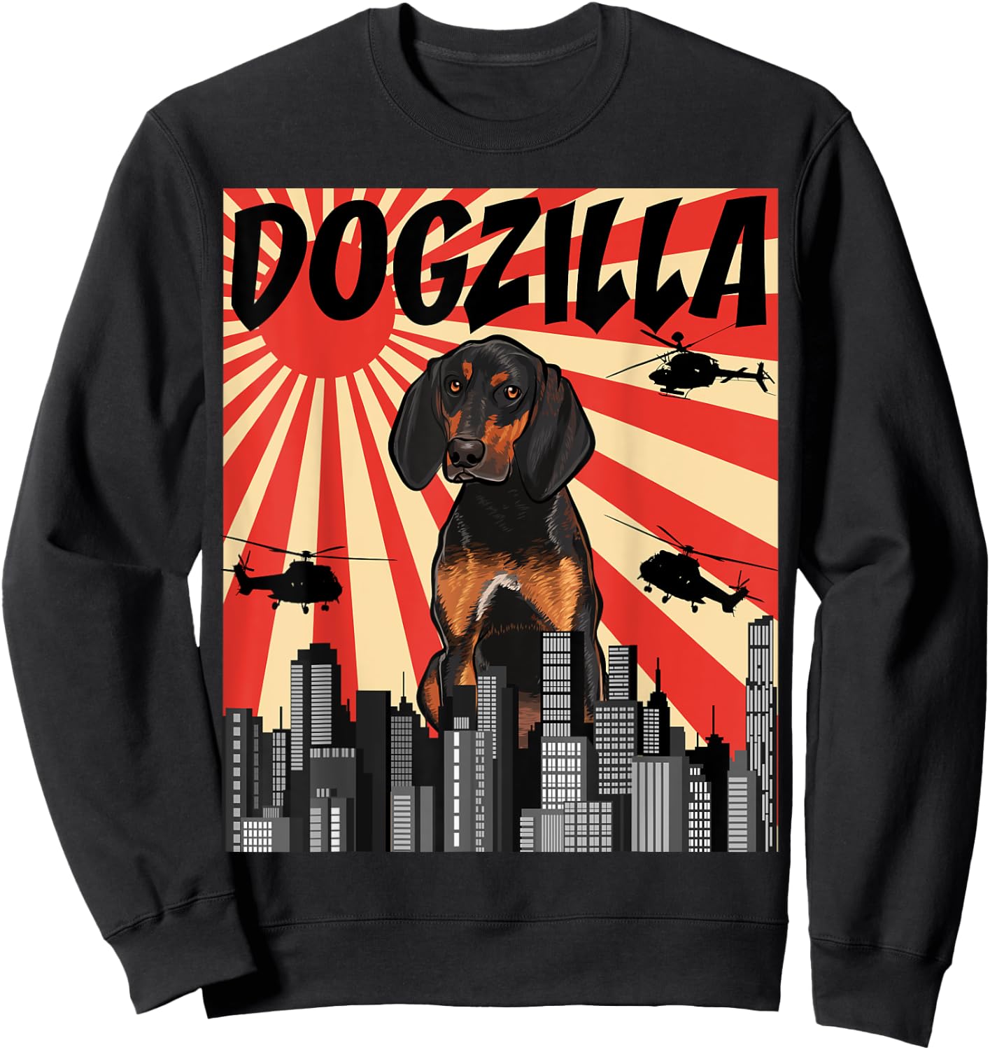 Funny Retro Japanese Dogzilla Black and Tan Coonhound Sweatshirt - Sweatshirt | Black
