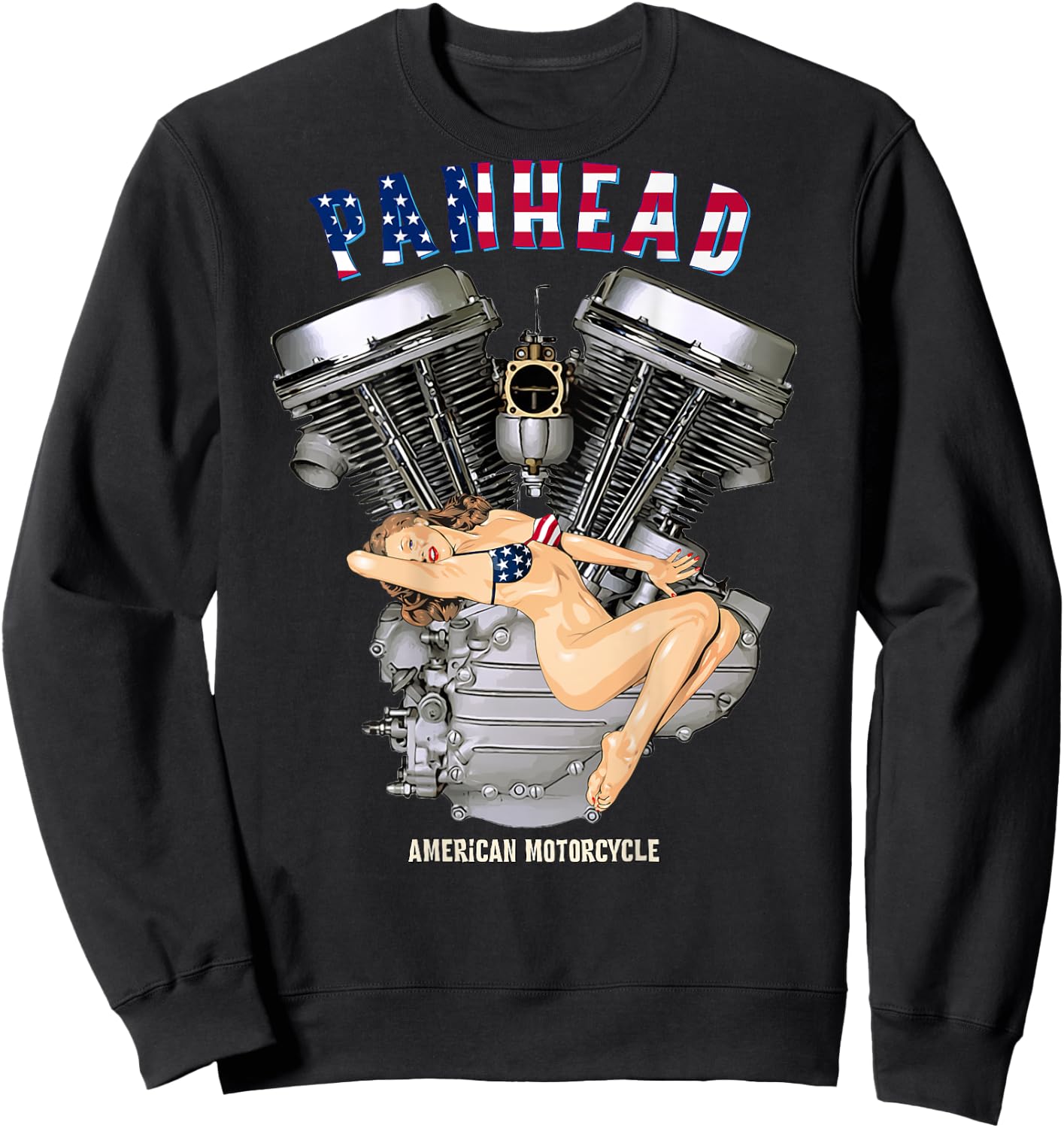 USA Panhead Motorcycle Sexy Retro Pinup Flag Biker Gear Sweatshirt - Sweatshirt | Black