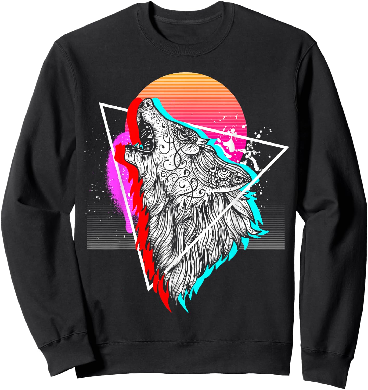Synthwave Aesthetic Howling Wolf 1990s Retro Vaporwave Sweatshirt - Sweatshirt | Black