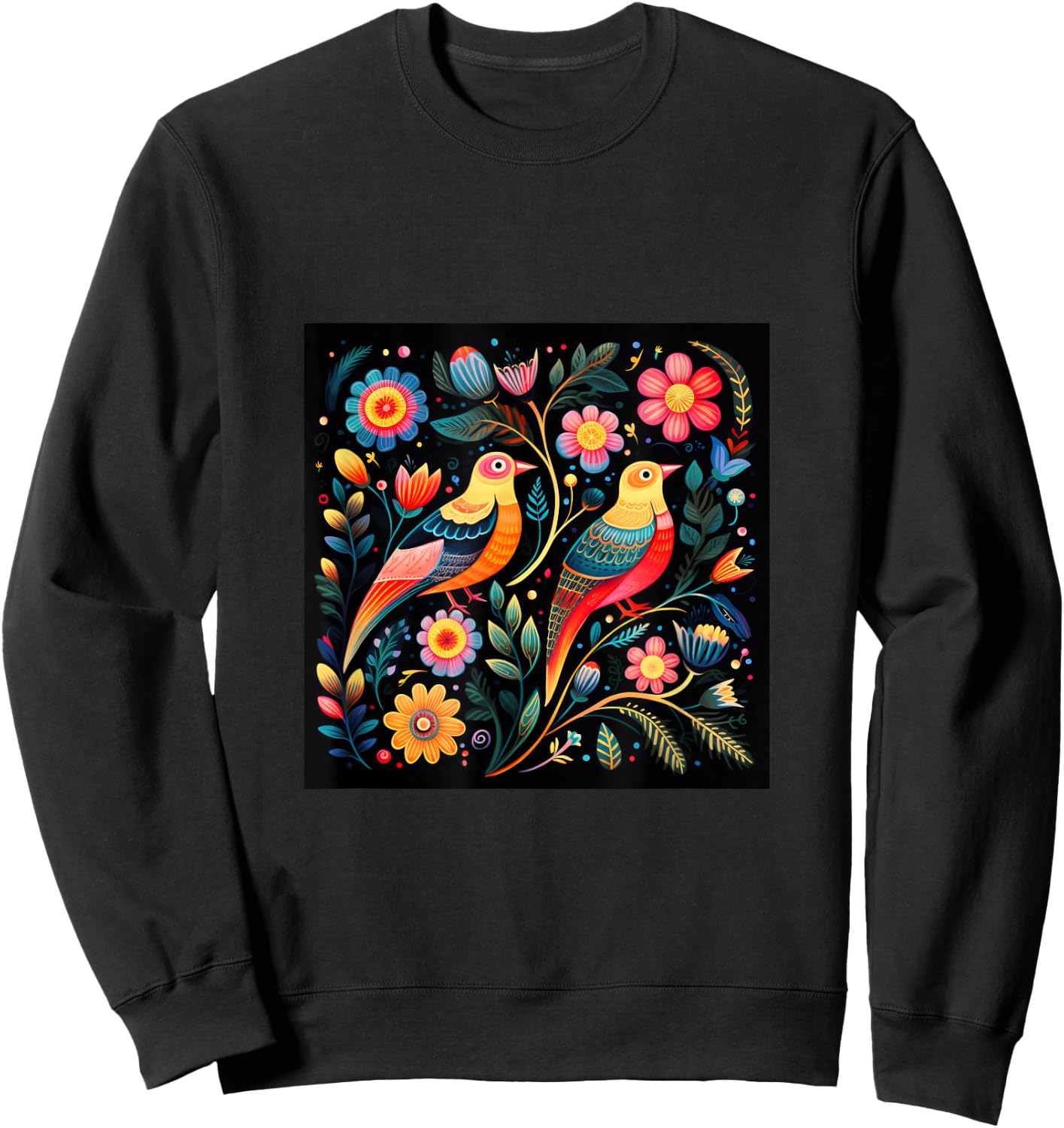 Mexican Embroidery Pattern Art Birds Flowers Sweatshirt - Sweatshirt | Black