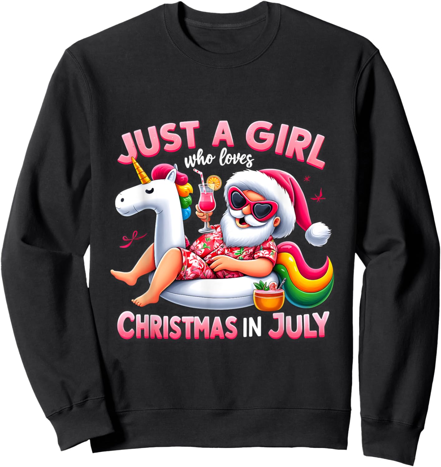 Just A Girl Who Loves Christmas in July Funny Santa Unicorn Sweatshirt - Sweatshirt | Black