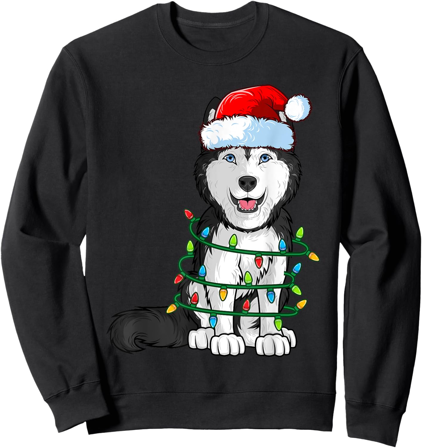 Siberian Husky Christmas Santa Hat Xmas Lights Dog Boys Girl Sweatshirt - Sweatshirt | Black