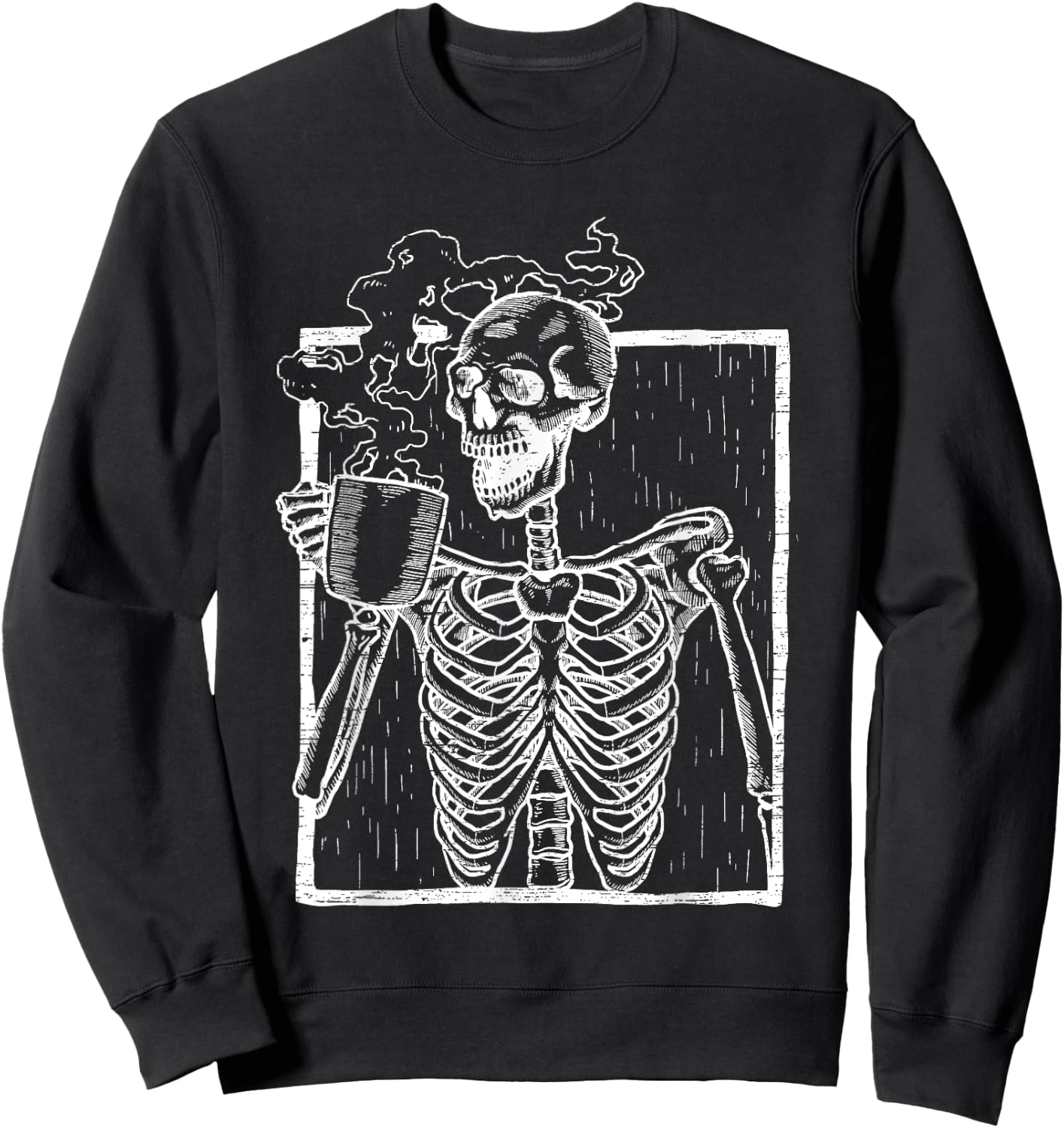 Distressed Skeleton Vintage Smiling Skull drinking Coffee Sweatshirt - Sweatshirt | Black
