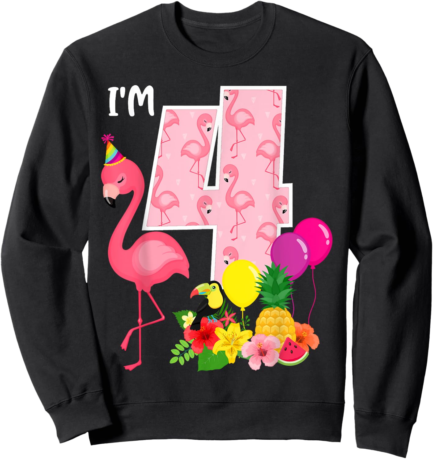 Flamingo Birthday I'm 4 Tropical Flamingo Theme 4th Birthday Sweatshirt - Sweatshirt | Black