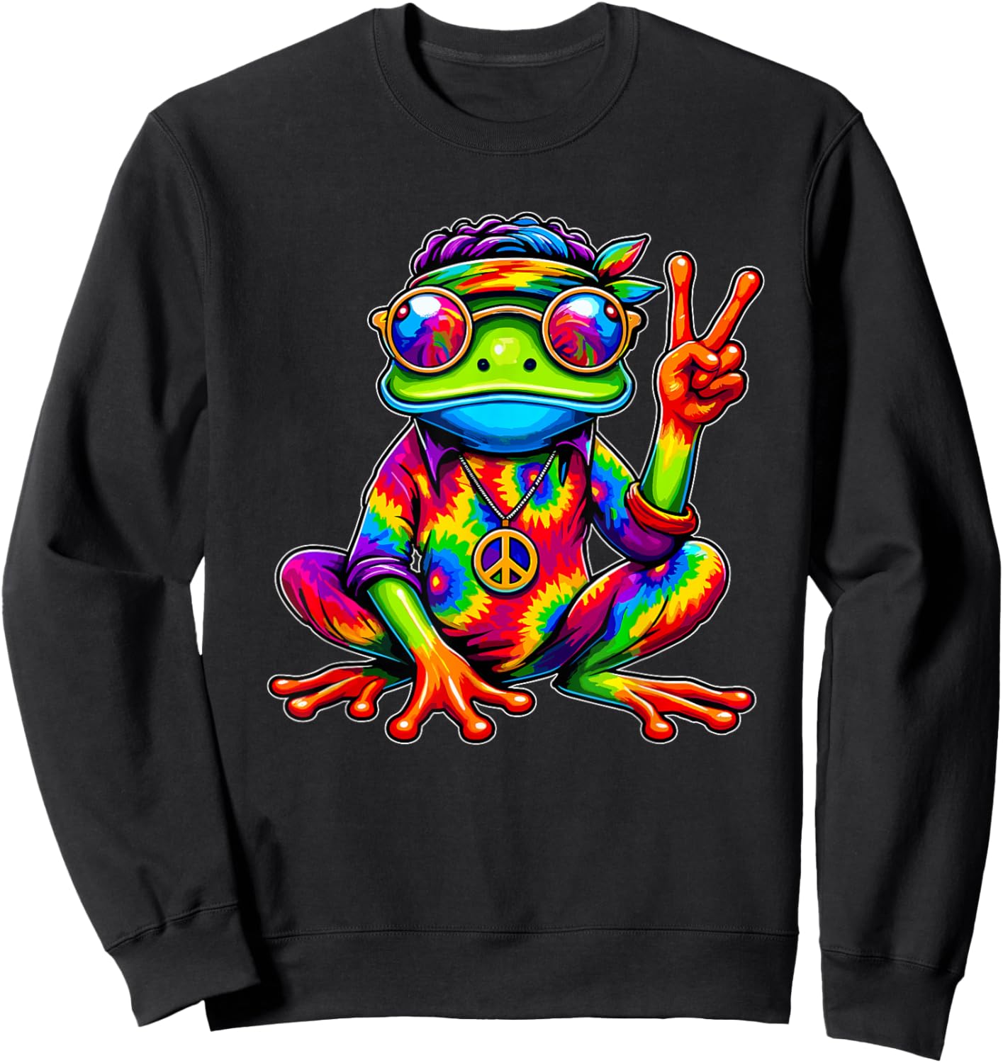 Hippie Tie-Dye Frog, 70s Party & 60s Costume, Peace Sign Sweatshirt - Sweatshirt | Black