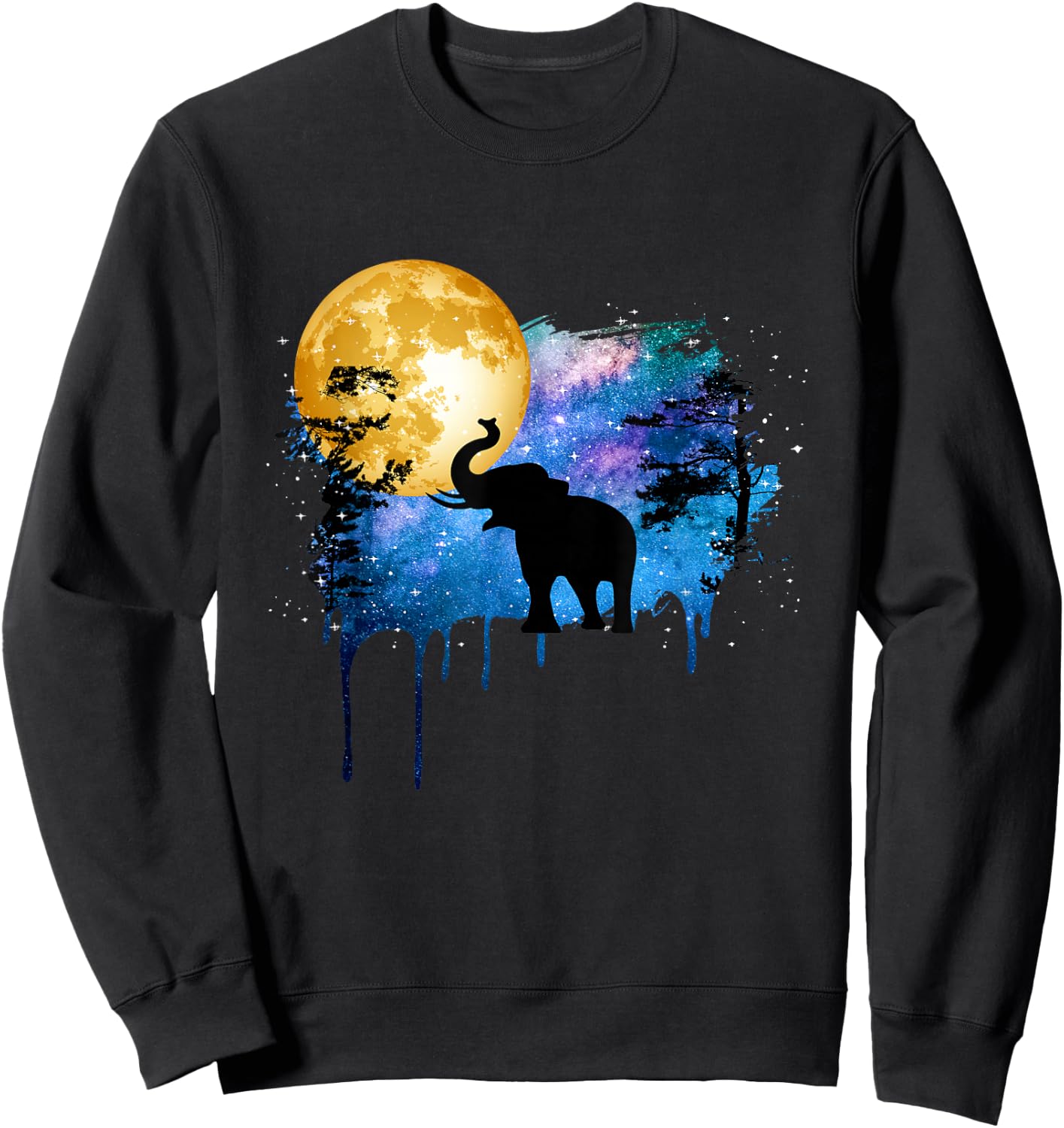 Elephant Full Moon Galaxy Star Night Nature Graphic Art Sweatshirt - Sweatshirt | Black