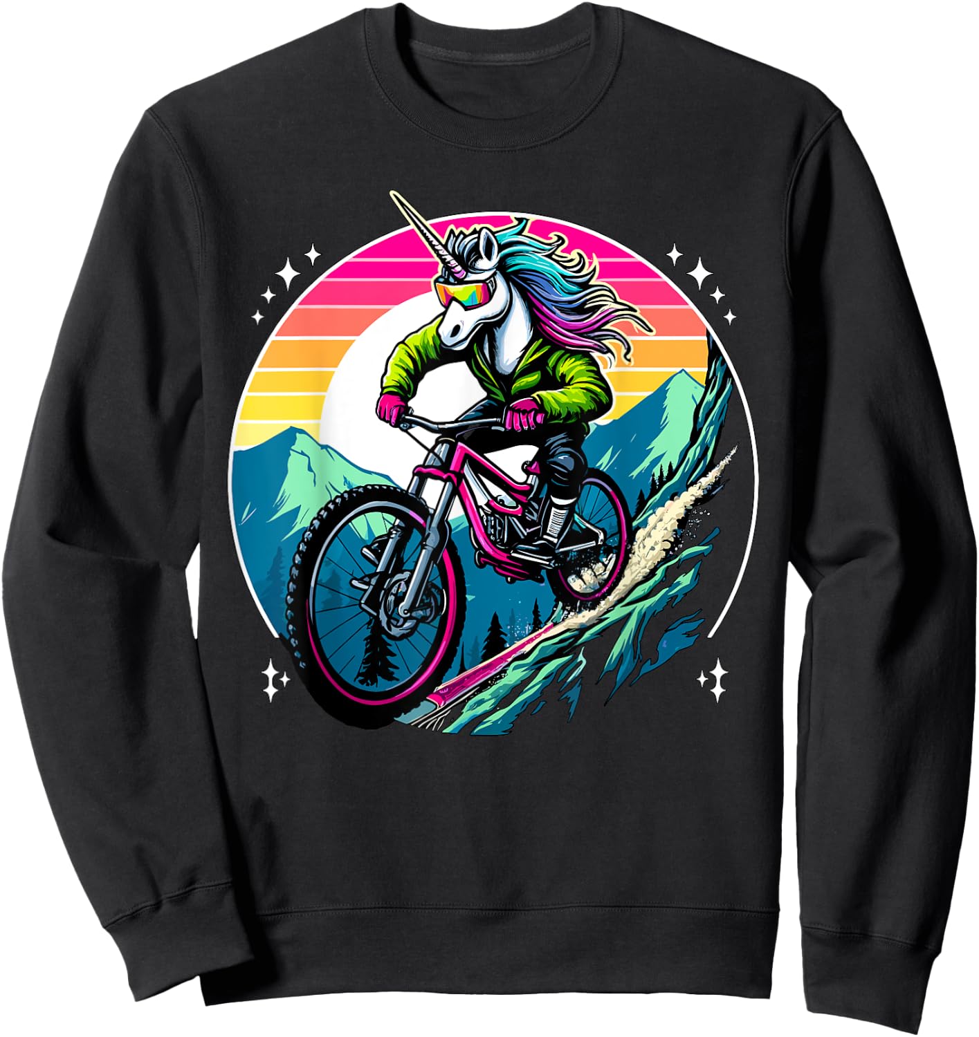 Unicorn Mountain Bike Adventure Fantasy Colorful Sunset Sweatshirt - Sweatshirt | Black