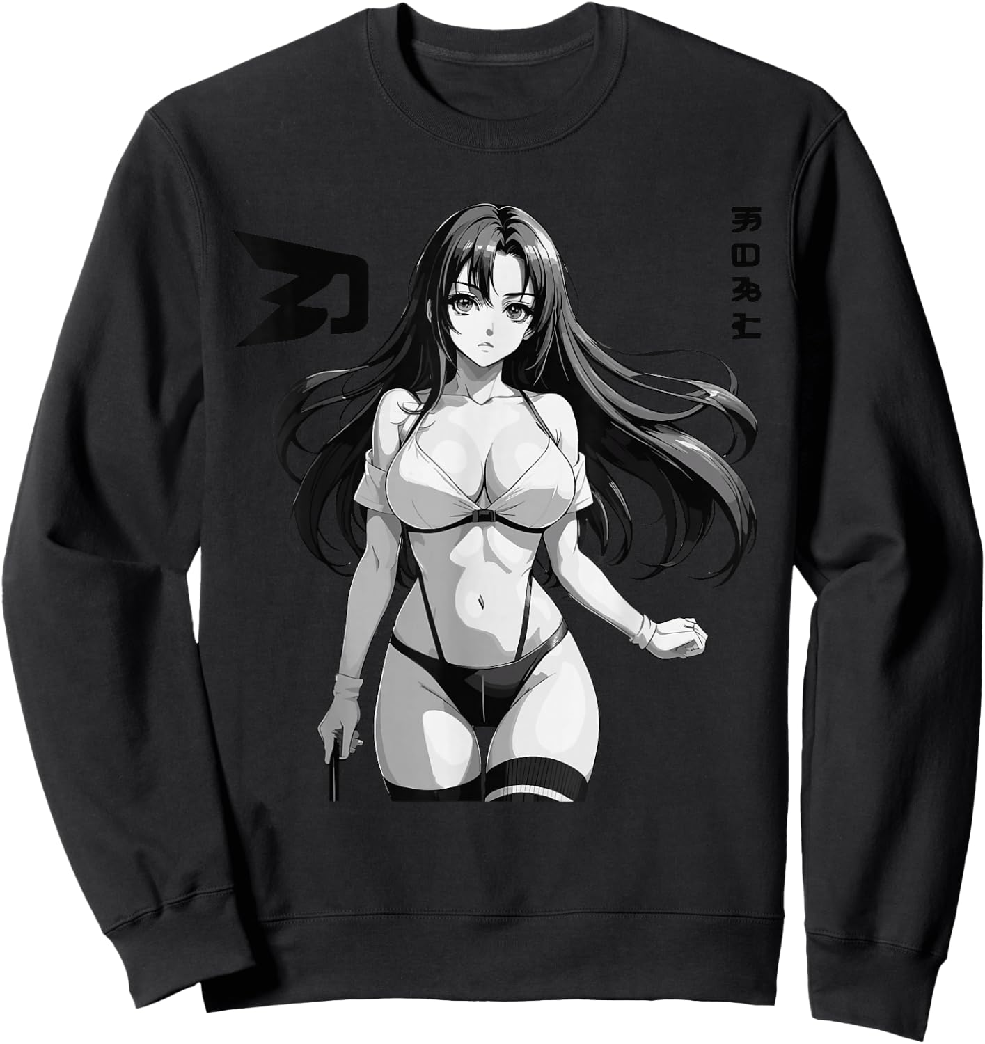 Sexy Waifu Otaku Anime Girl Japanese in Black and White Art Sweatshirt - Sweatshirt | Black