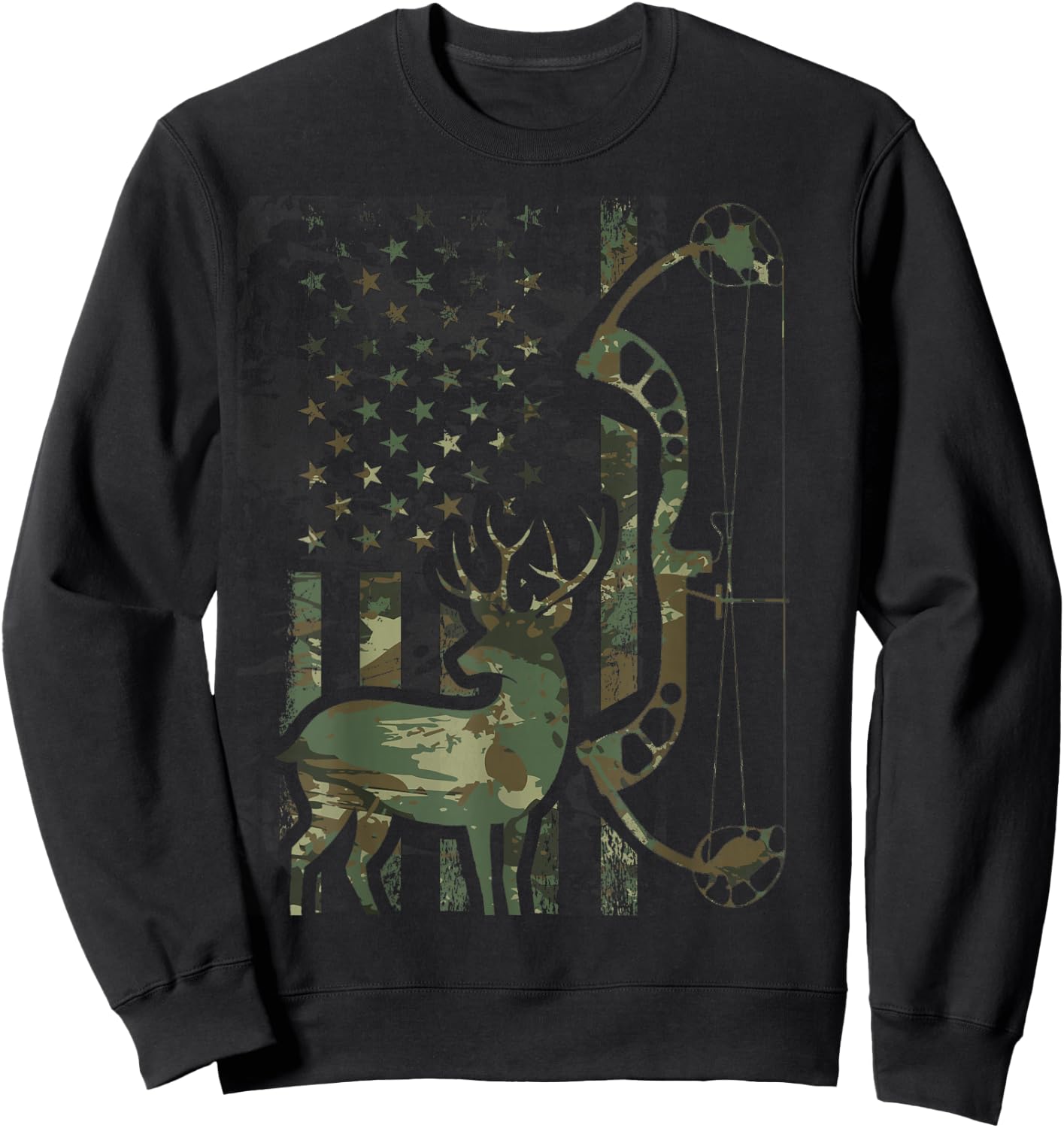 Camo American Flag Buck Hunting Men Recurve Bow Hunter Sweatshirt - Sweatshirt | Black