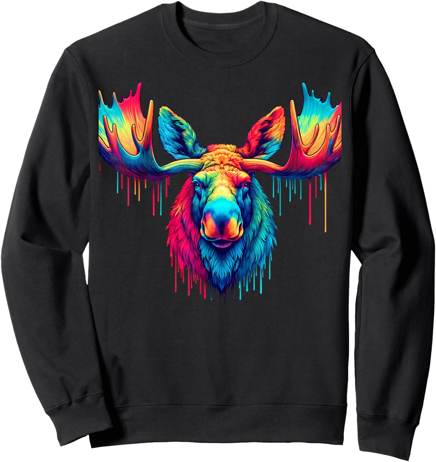 Cool Moose Graphic Spirit Animal Illustration Tie Dye Art Sweatshirt - Sweatshirt | Black